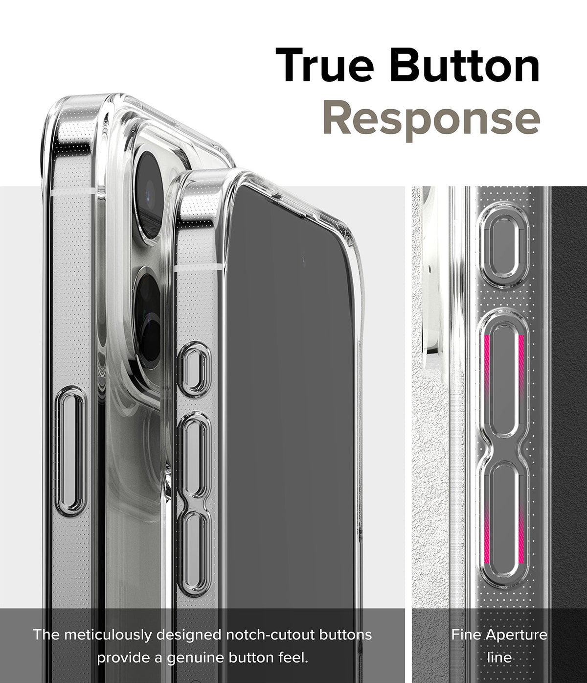 iPhone 15 Pro Max Case | Air - Clear phone case showing detailed notch-cutout buttons for tactile response and precise fit.