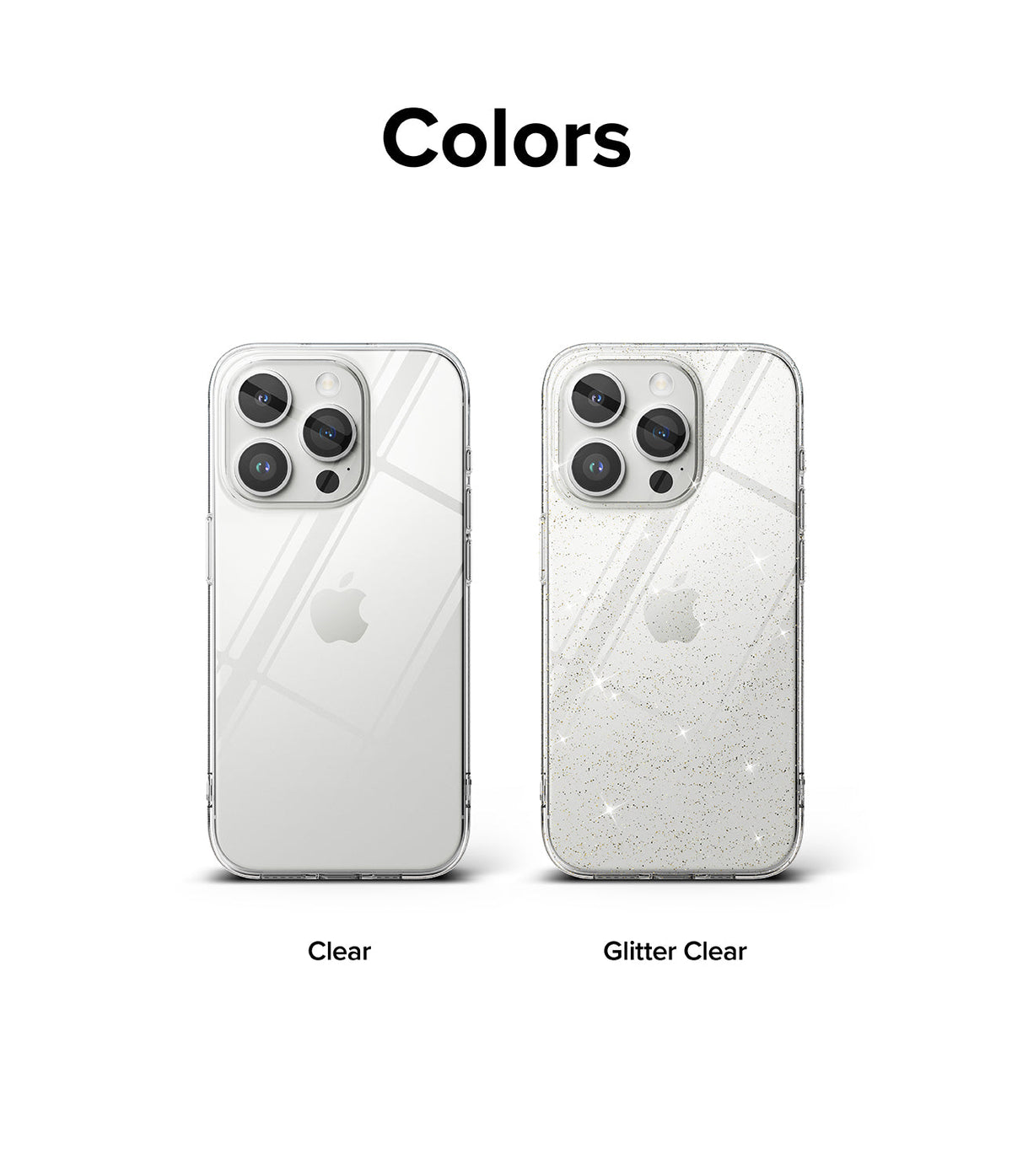 iPhone 15 Pro Max Case | Air - Two iPhone 15 Pro Max phones in clear and glitter clear cases side-by-side against a white background.