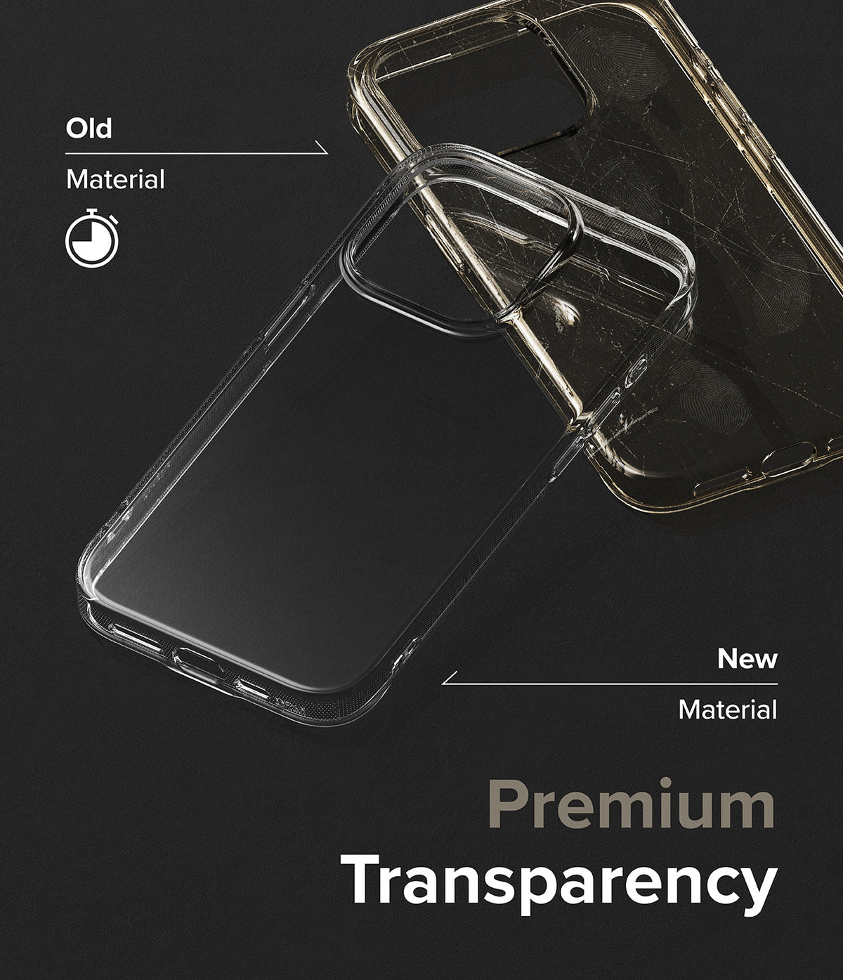 iPhone 15 Pro Max Case | Air - Comparison of a yellowed, scratched old case and a clear, pristine new phone case.