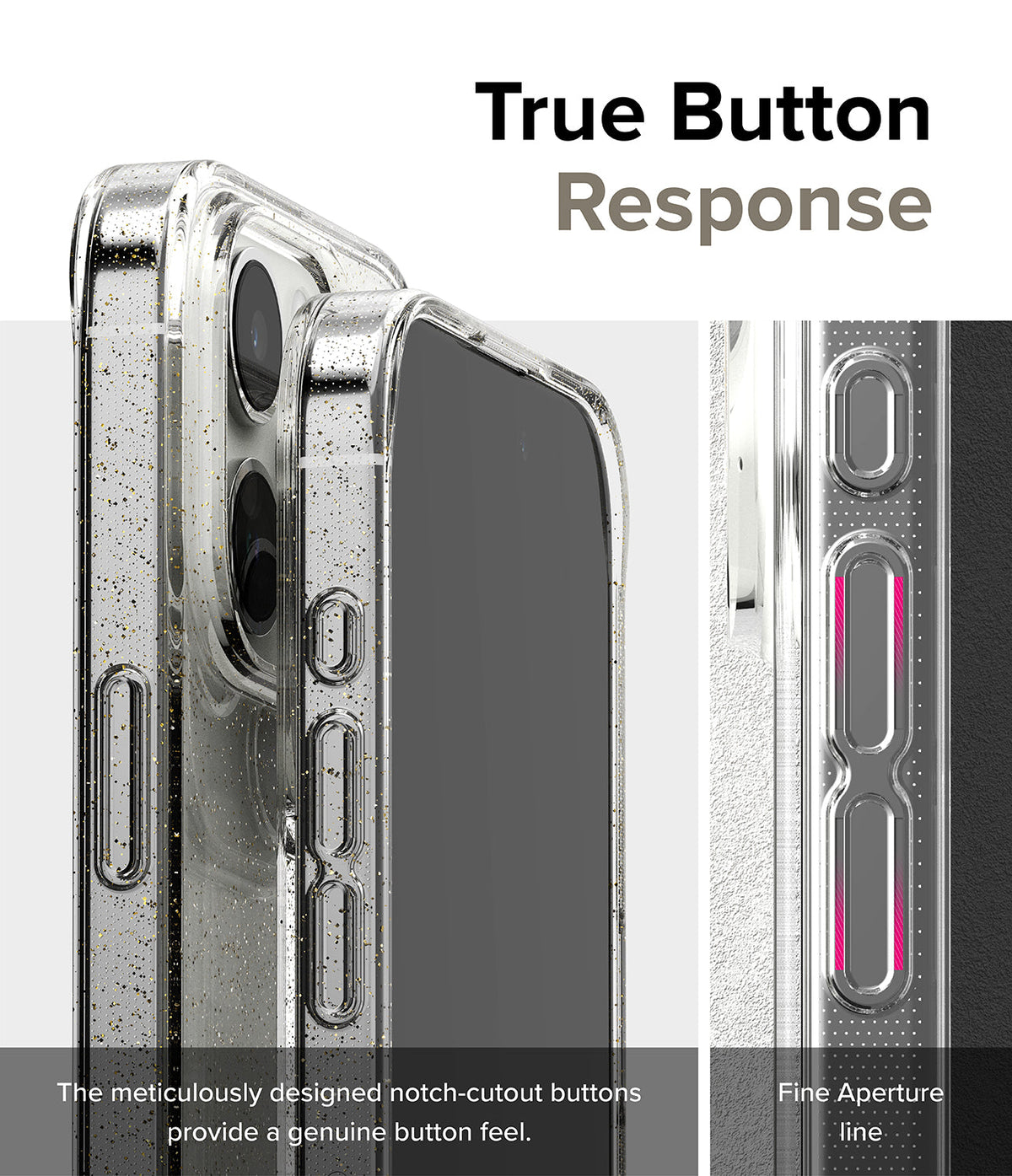 iPhone 15 Pro Max Case | Air - Clear glitter phone case showing detailed button cutouts for tactile response.