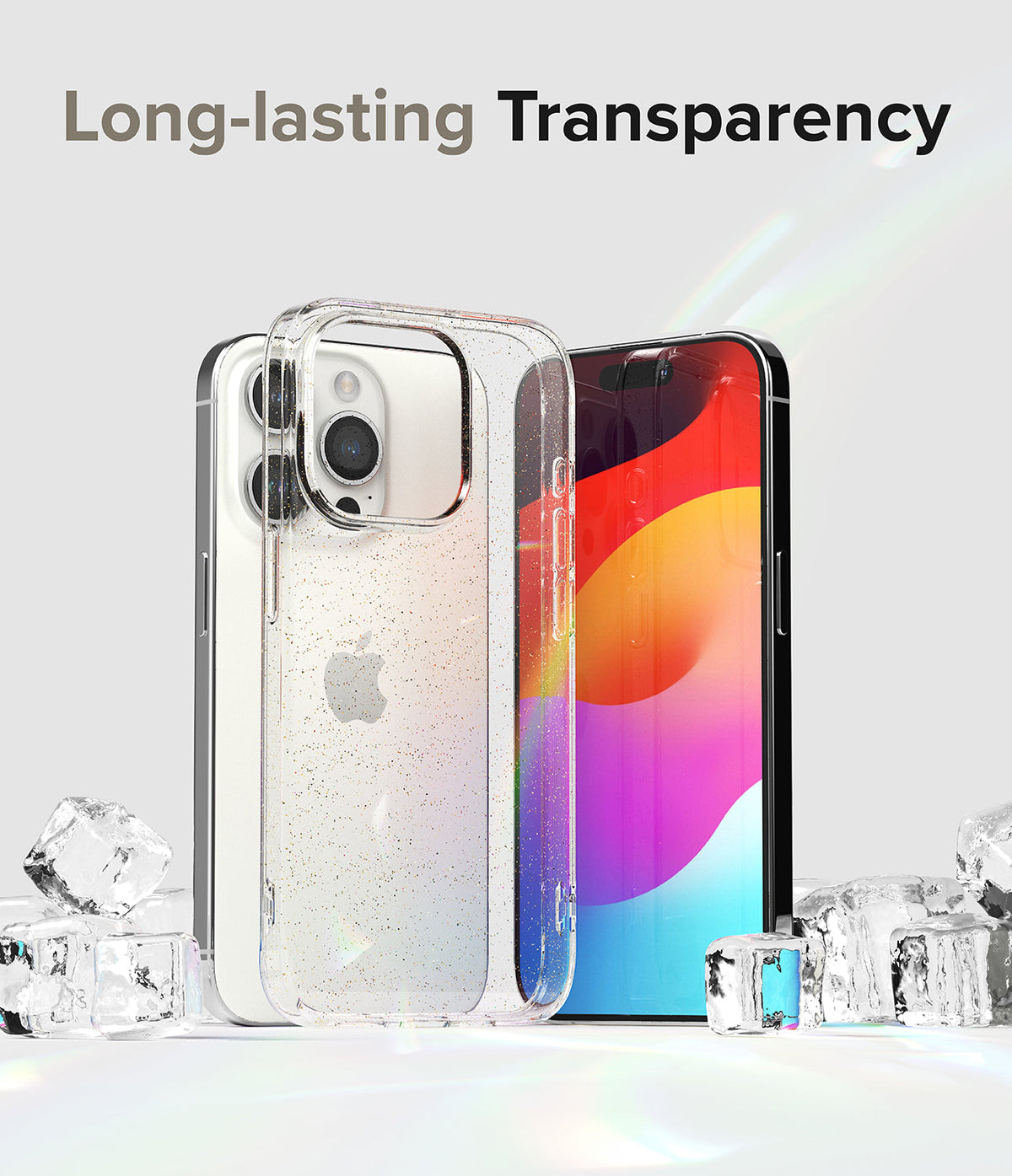 iPhone 15 Pro Max Case | Air - Clear glitter phone case standing with ice cubes against a light background.