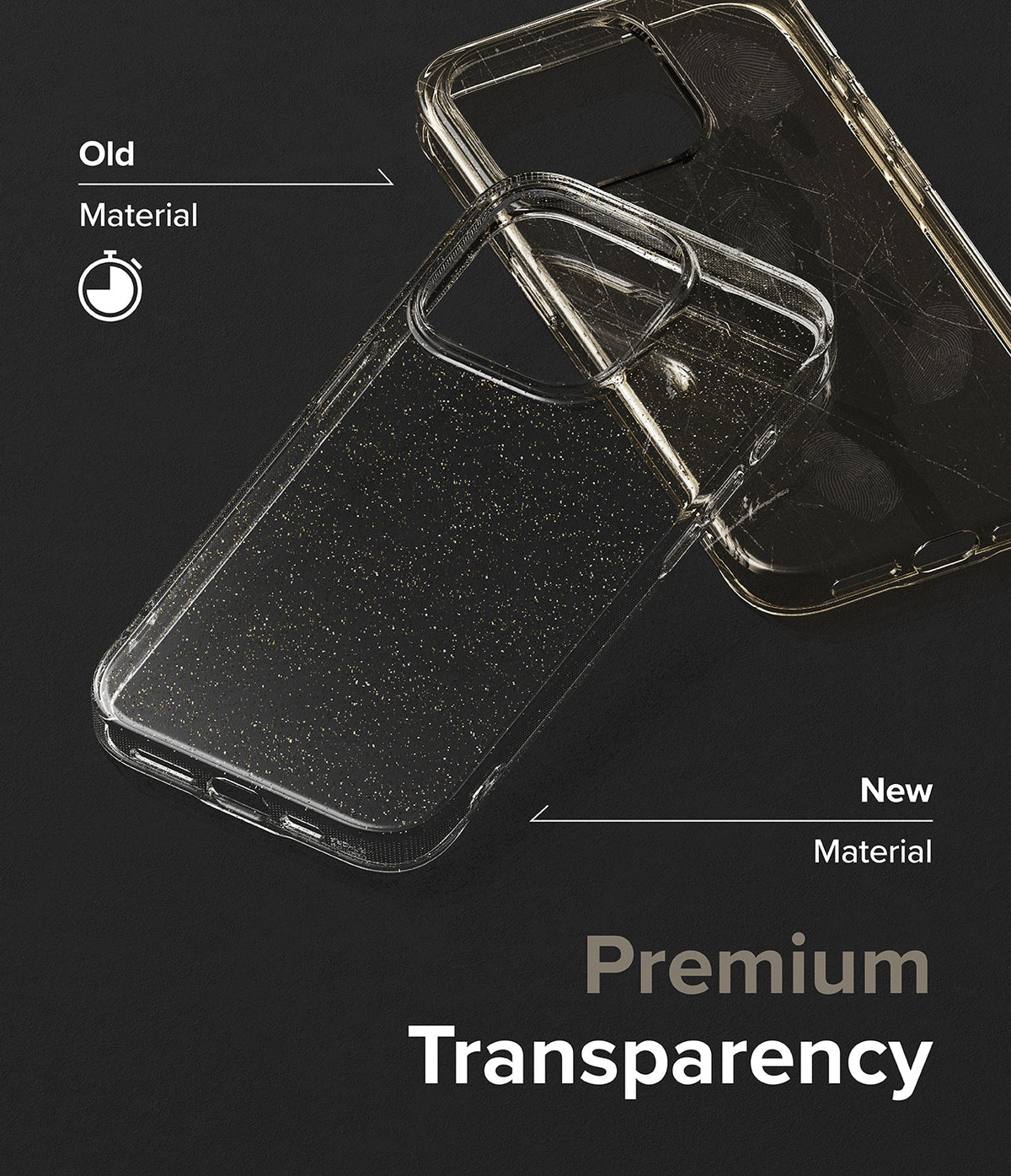 iPhone 15 Pro Max Case | Air - Comparison of a yellowed, scratched old phone case and a clear, pristine new case.
