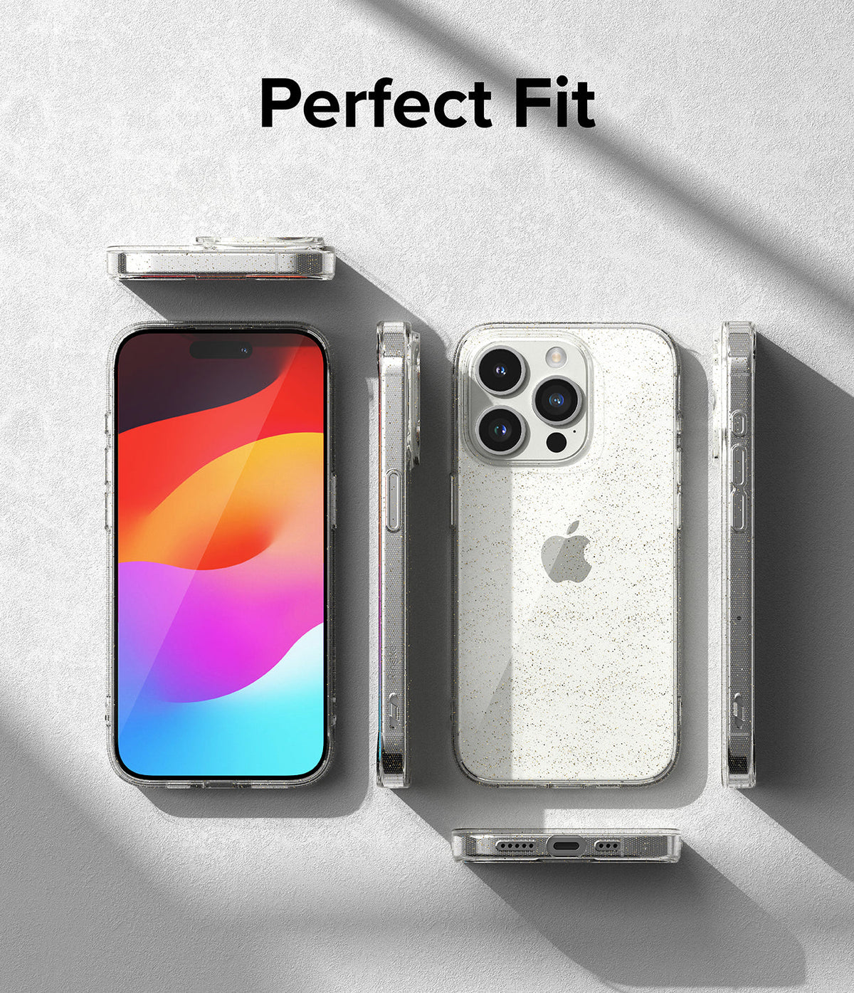 iPhone 15 Pro Max Case | Air - Clear, speckled phone case shown from multiple angles on a textured gray background.