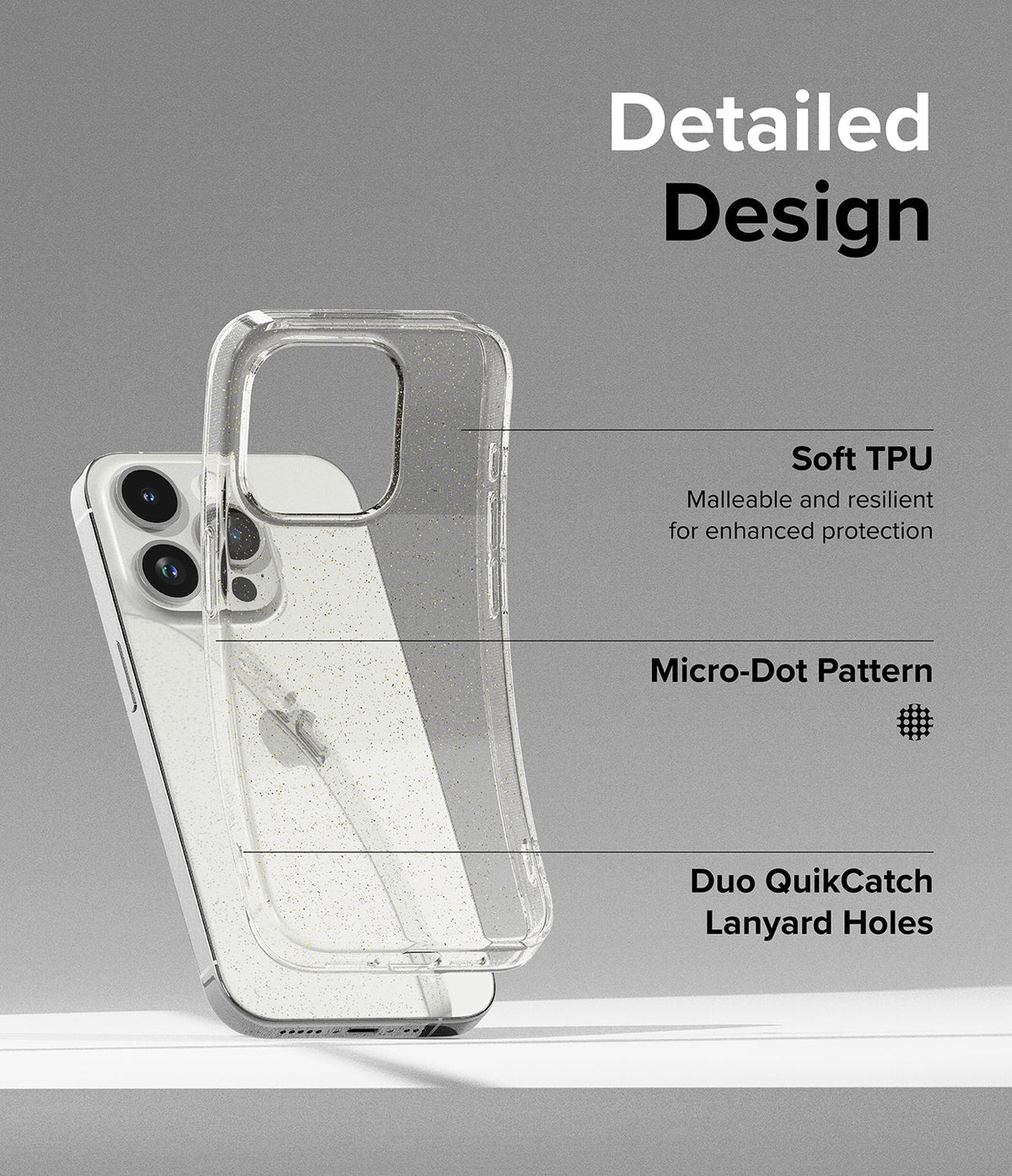 iPhone 15 Pro Max Case | Air - Clear phone case with TPU, micro-dot pattern, and lanyard holes highlighted with labels.