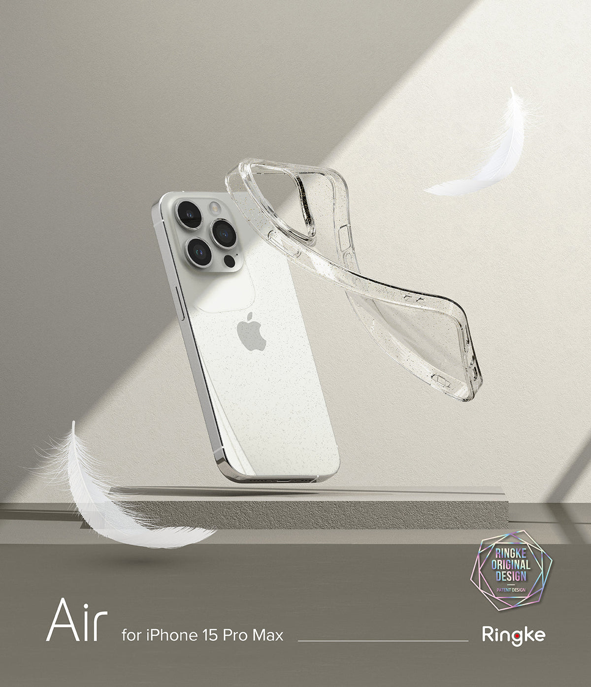 iPhone 15 Pro Max Case | Air - A clear, glittery phone case floating next to a silver iPhone 15 Pro Max with white feathers.