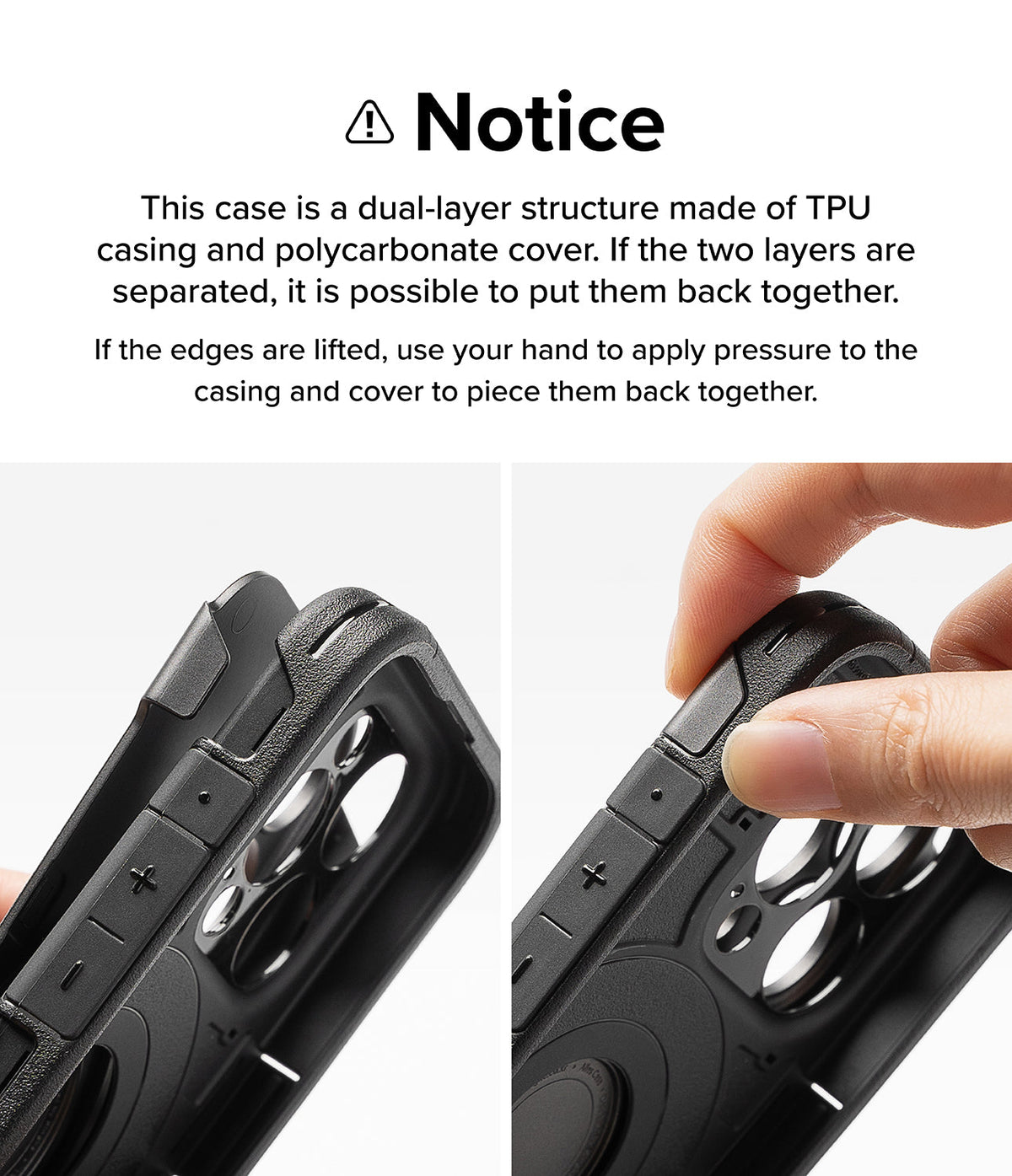 iPhone 15 Pro Max Case | Alles - Instructions showing how to reassemble the dual-layer phone case by pressing edges together.