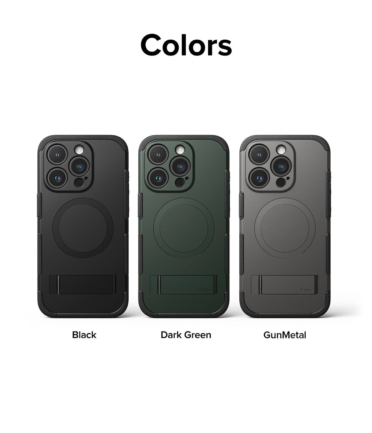 iPhone 15 Pro Max Case | Alles - Three iPhone 15 Pro Max cases in black, dark green, and gunmetal with built-in kickstands.