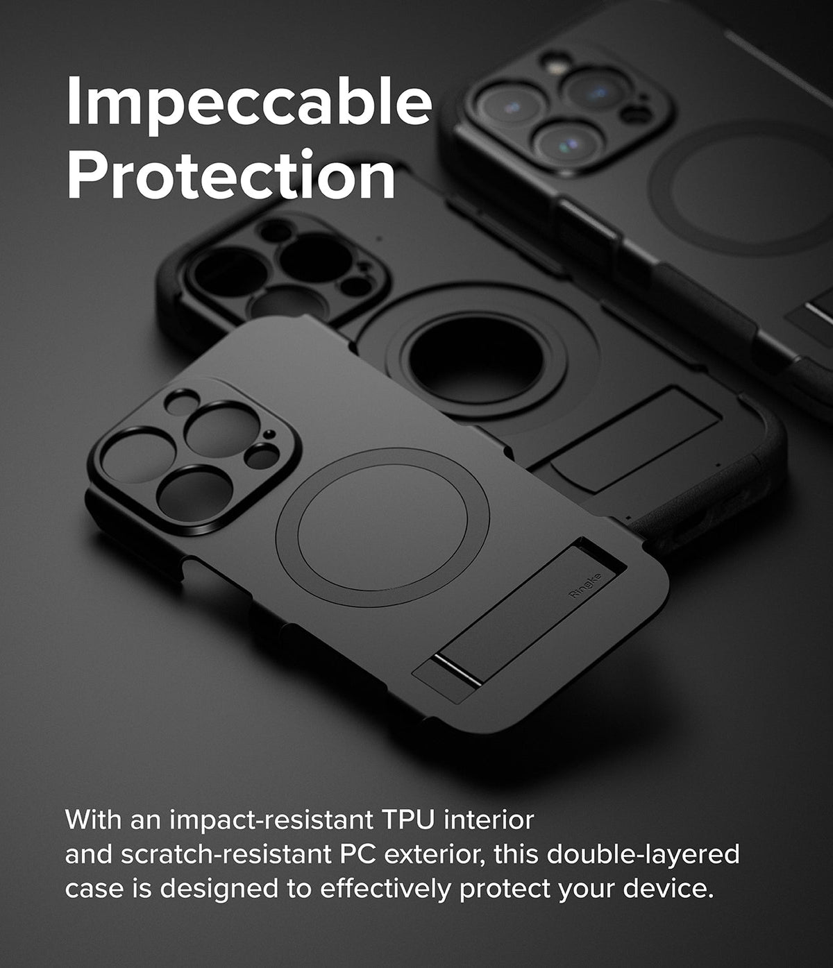 iPhone 15 Pro Max Case | Alles - Two black protective phone cases with MagSafe rings and kickstands on a dark background.