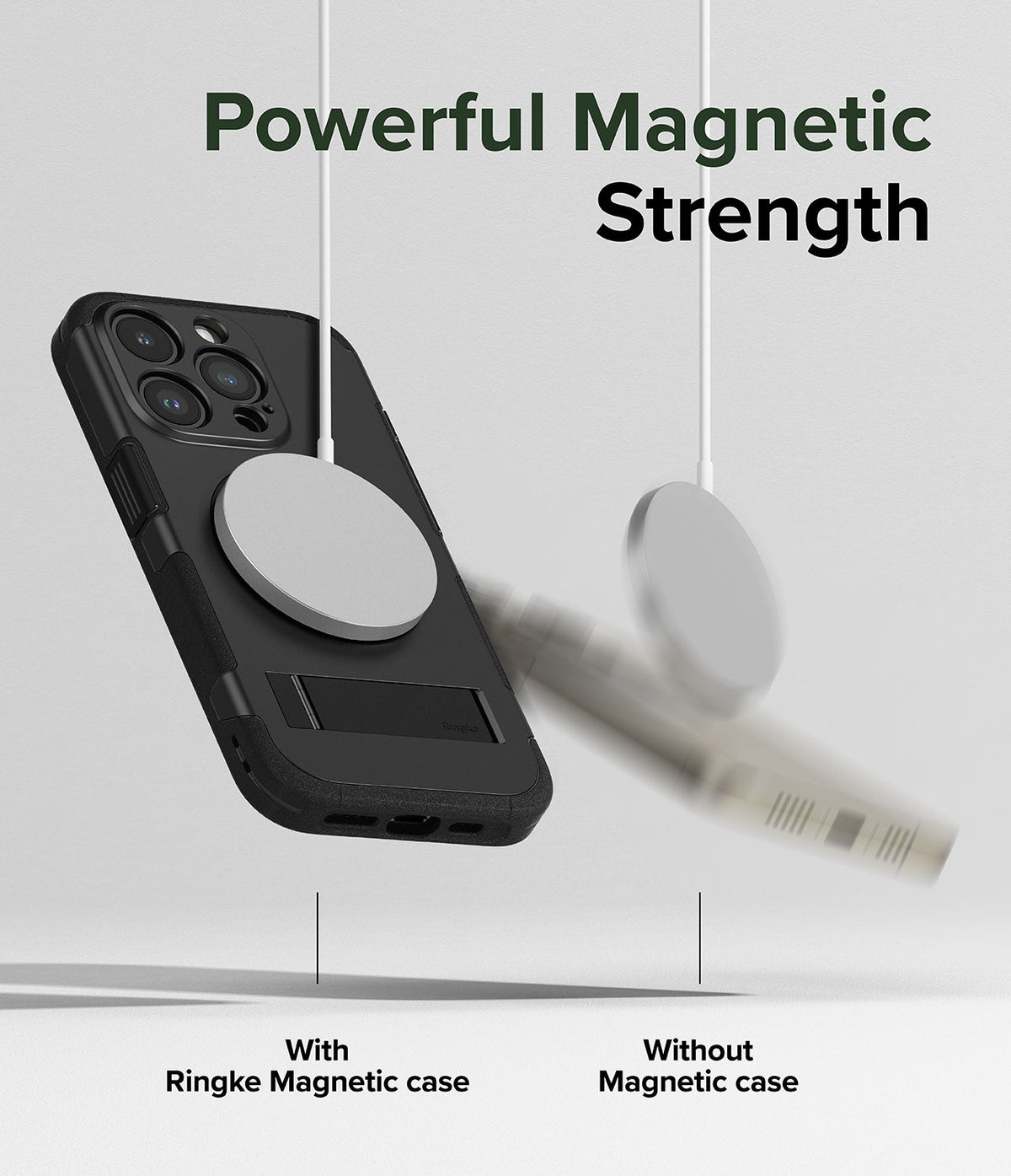 iPhone 15 Pro Max Case | Alles - A magnetic charger securely attached to a black phone case, while another falls away.