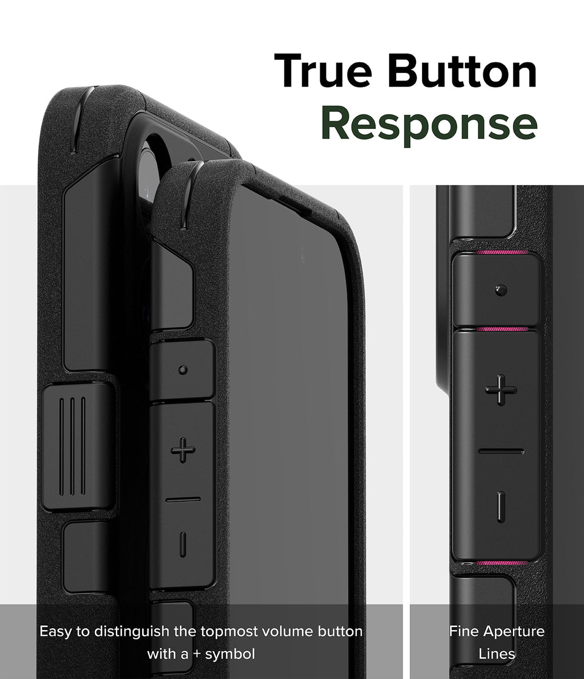 iPhone 15 Pro Max Case | Alles - Black phone case showing tactile volume buttons with plus and minus symbols and aperture lines.