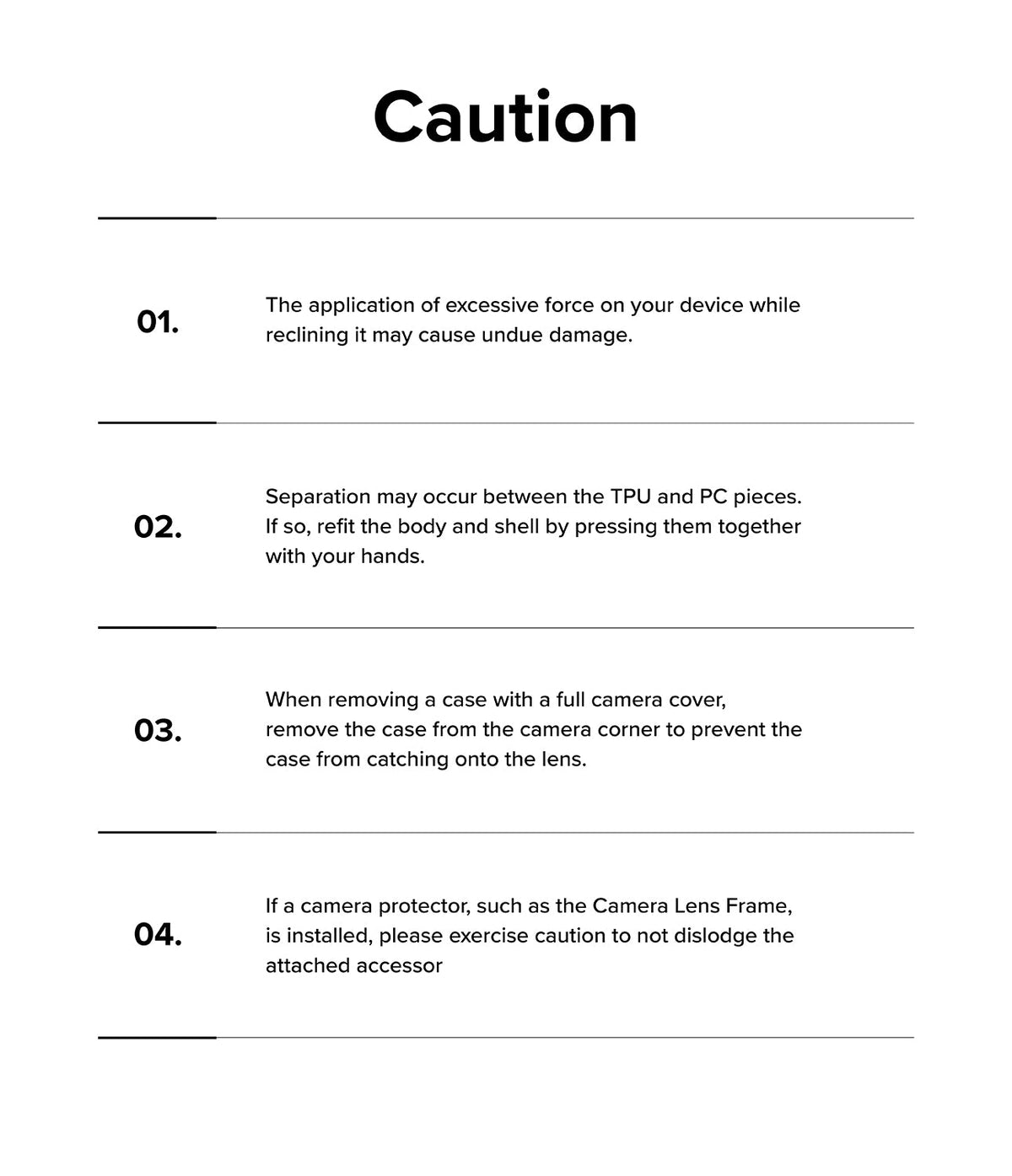 iPhone 15 Pro Max Case | Alles - A list of four numbered caution points regarding the proper use and care of the phone case.