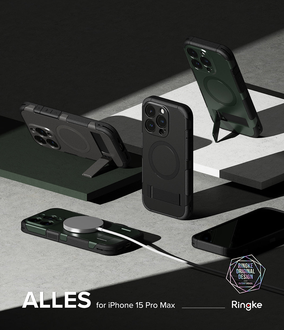 iPhone 15 Pro Max Case | Alles - Multiple dark-toned iPhone 15 Pro Max cases with integrated kickstands and MagSafe charging.