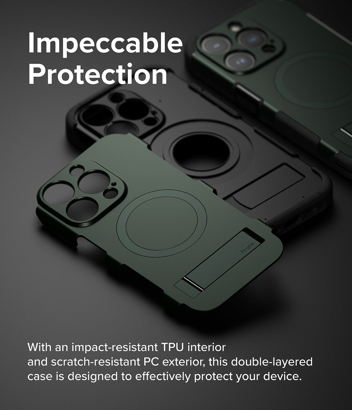 iPhone 15 Pro Max Case | Alles - Dark green, double-layered phone case with a built-in kickstand and MagSafe ring.