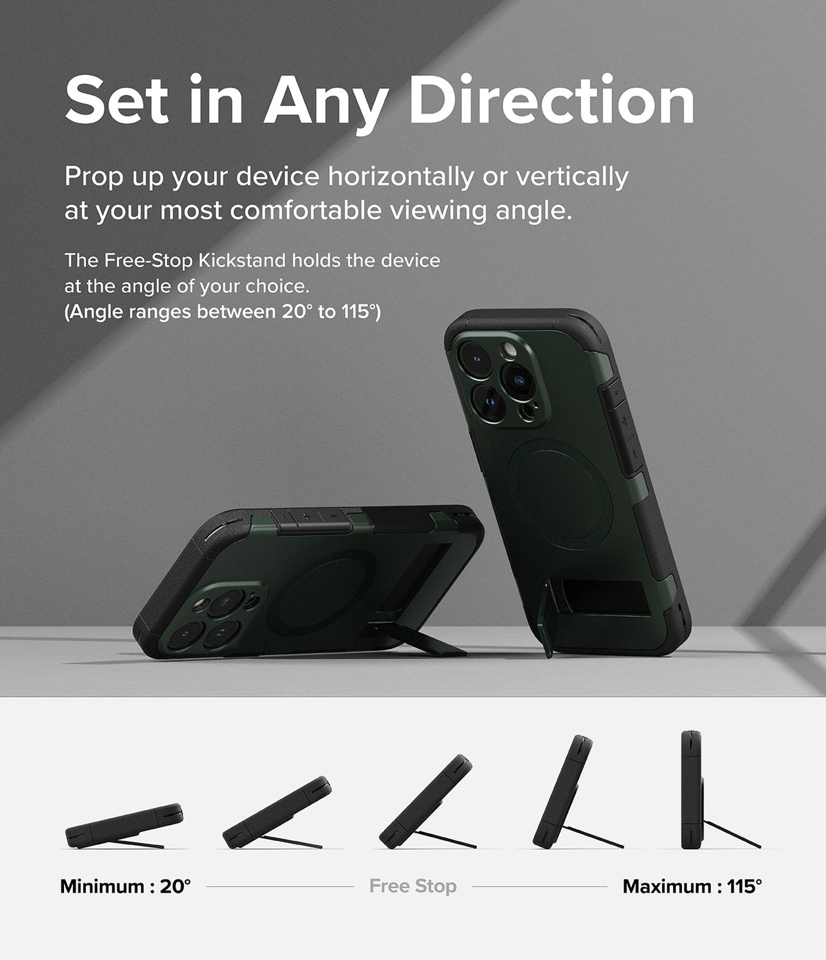 iPhone 15 Pro Max Case | Alles - Dark green phone case with kickstand shown in vertical and horizontal positions.