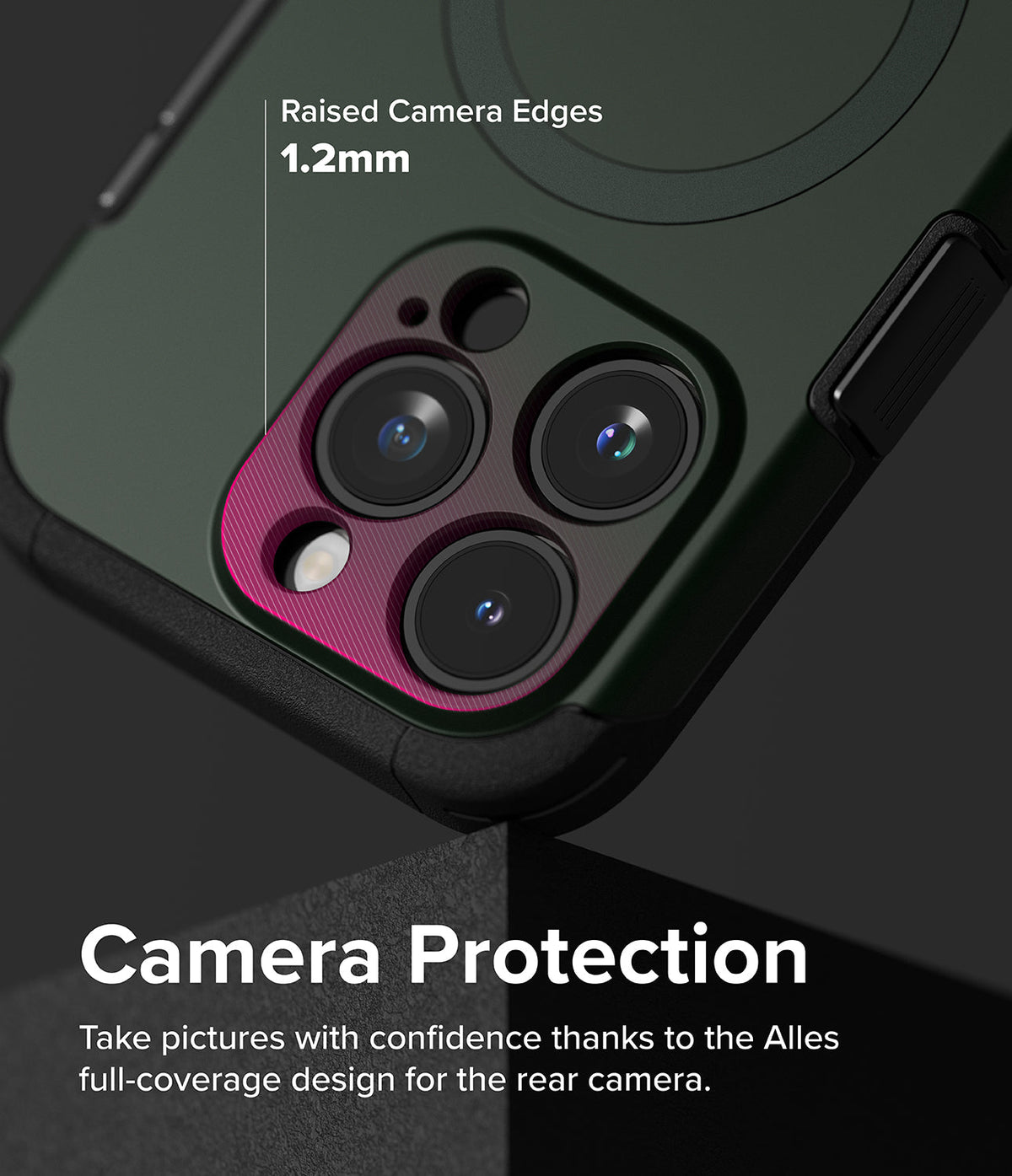 iPhone 15 Pro Max Case | Alles - Close-up of phone case showing 1.2mm raised camera edges for lens protection.