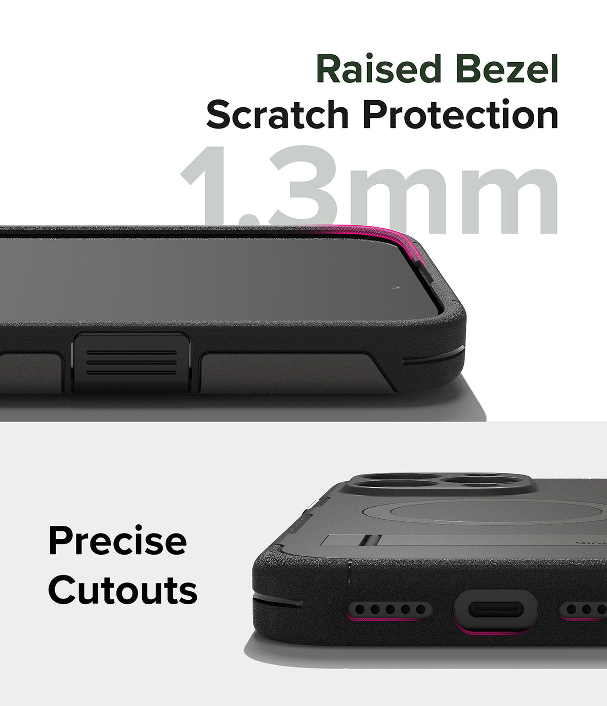 iPhone 15 Pro Max Case | Alles - Close-up of phone case showing 1.3mm raised bezel for screen protection and precise cutouts.