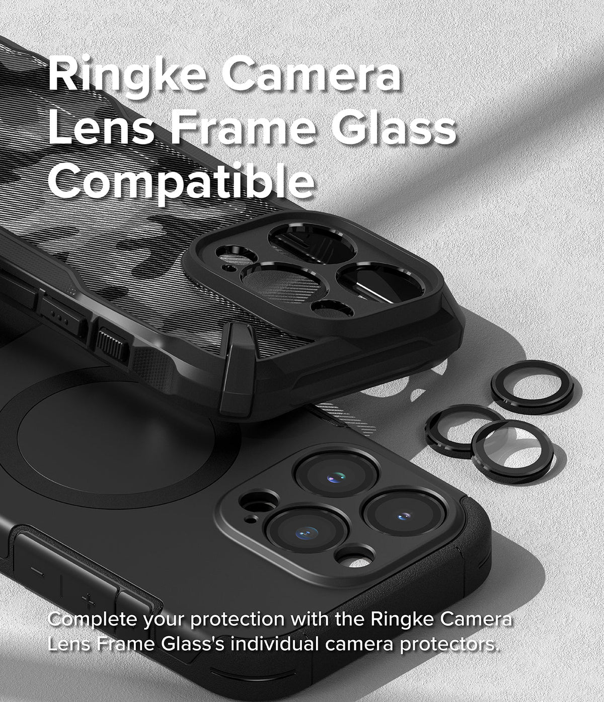 iPhone 15 Pro Max Case | Alles - Black phone case with individual camera lens protectors and text overlay.