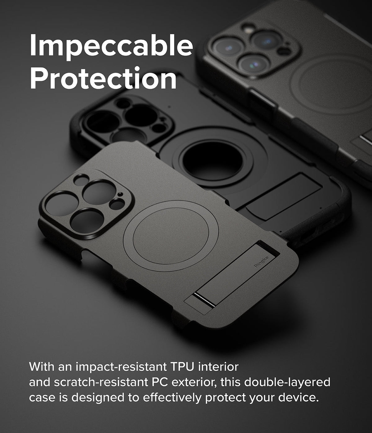 iPhone 15 Pro Max Case | Alles - Two black protective phone cases with integrated kickstands and MagSafe rings.
