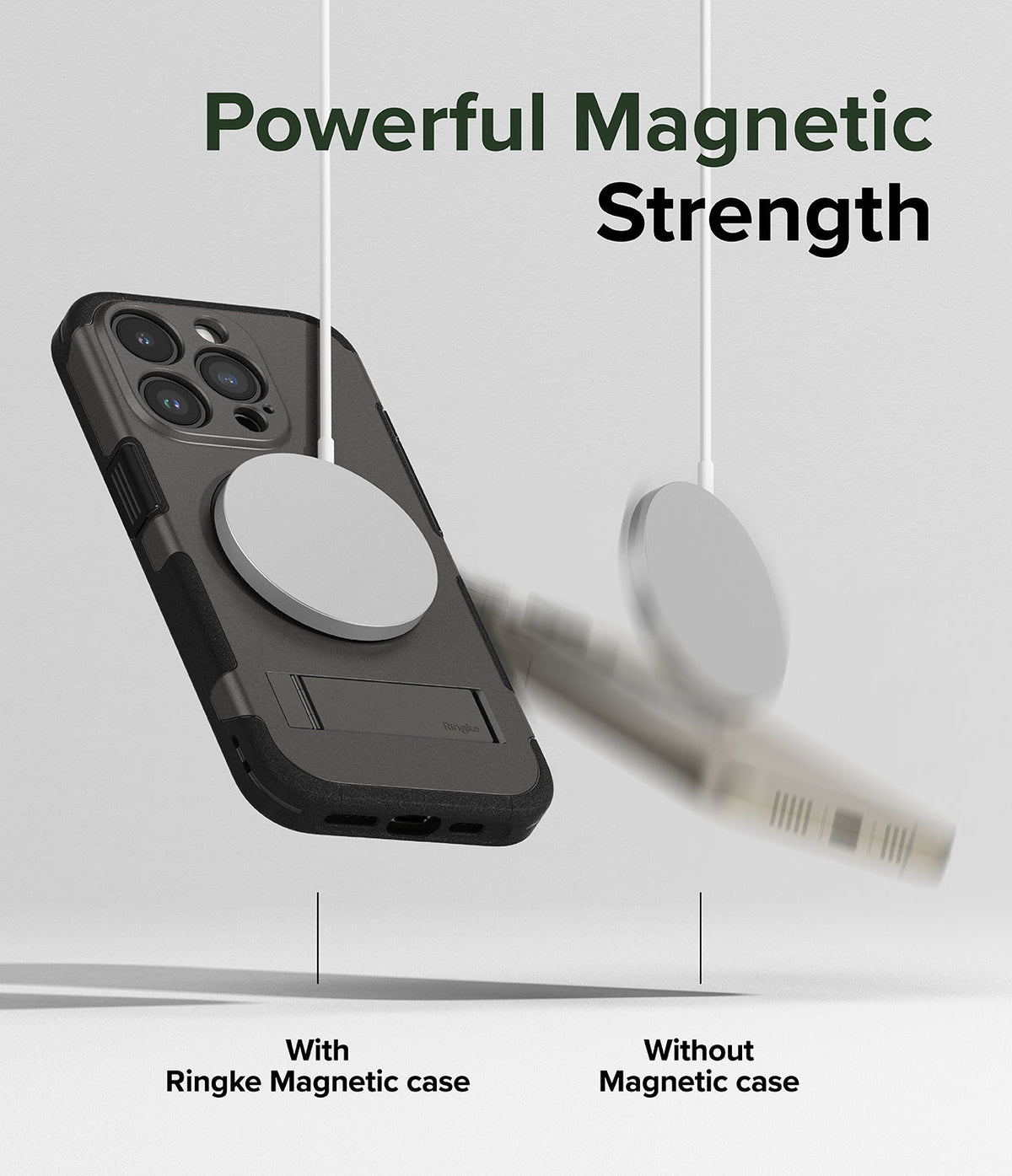 iPhone 15 Pro Max Case | Alles - A Ringke magnetic case securely attached to a charger versus a phone falling off.