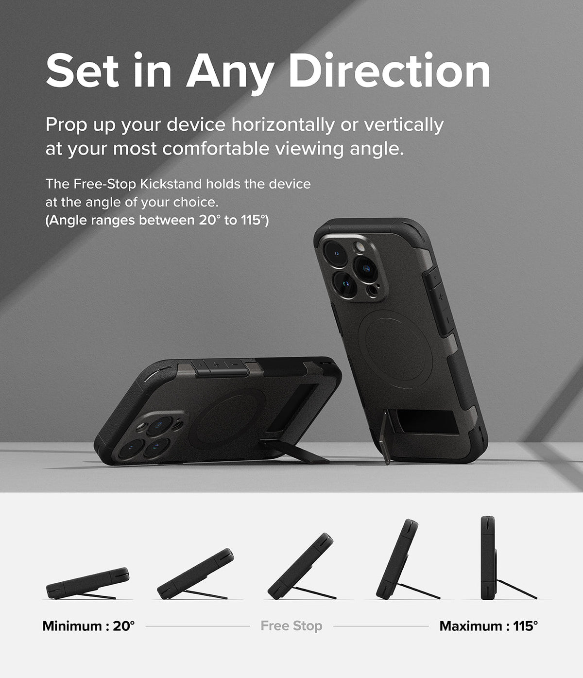 iPhone 15 Pro Max Case | Alles - Two phones with kickstands shown at different angles with a diagram of 20 to 115-degree tilt.