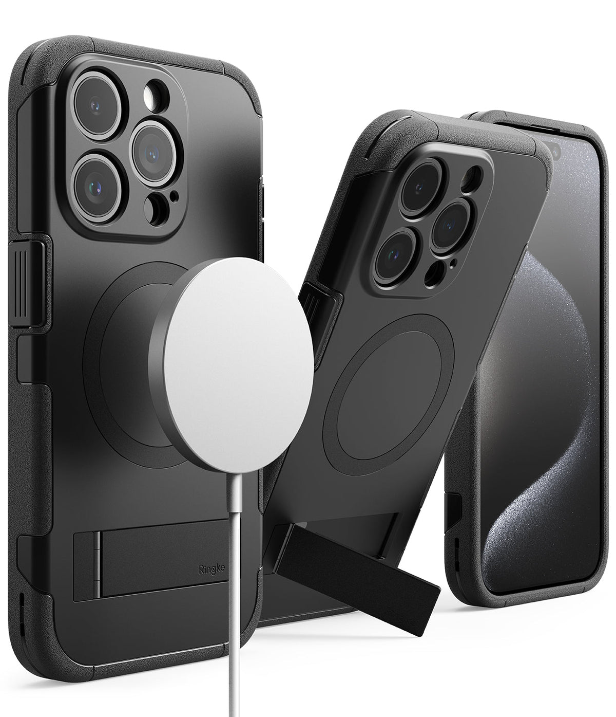 iPhone 15 Pro Max Case | Alles - Black rugged phone cases with MagSafe charging, integrated kickstands, and screen view.