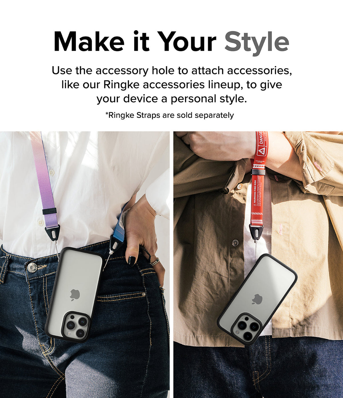 iPhone 15 Pro Max Case | Fusion Bold - Two people wearing phones with colorful lanyards attached to the case accessory holes.