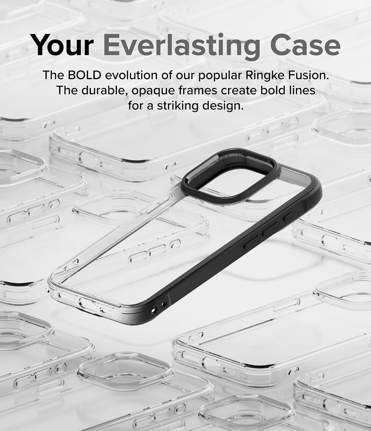 iPhone 15 Pro Max Case | Fusion Bold - A black-framed clear phone case centered against a background of multiple cases.