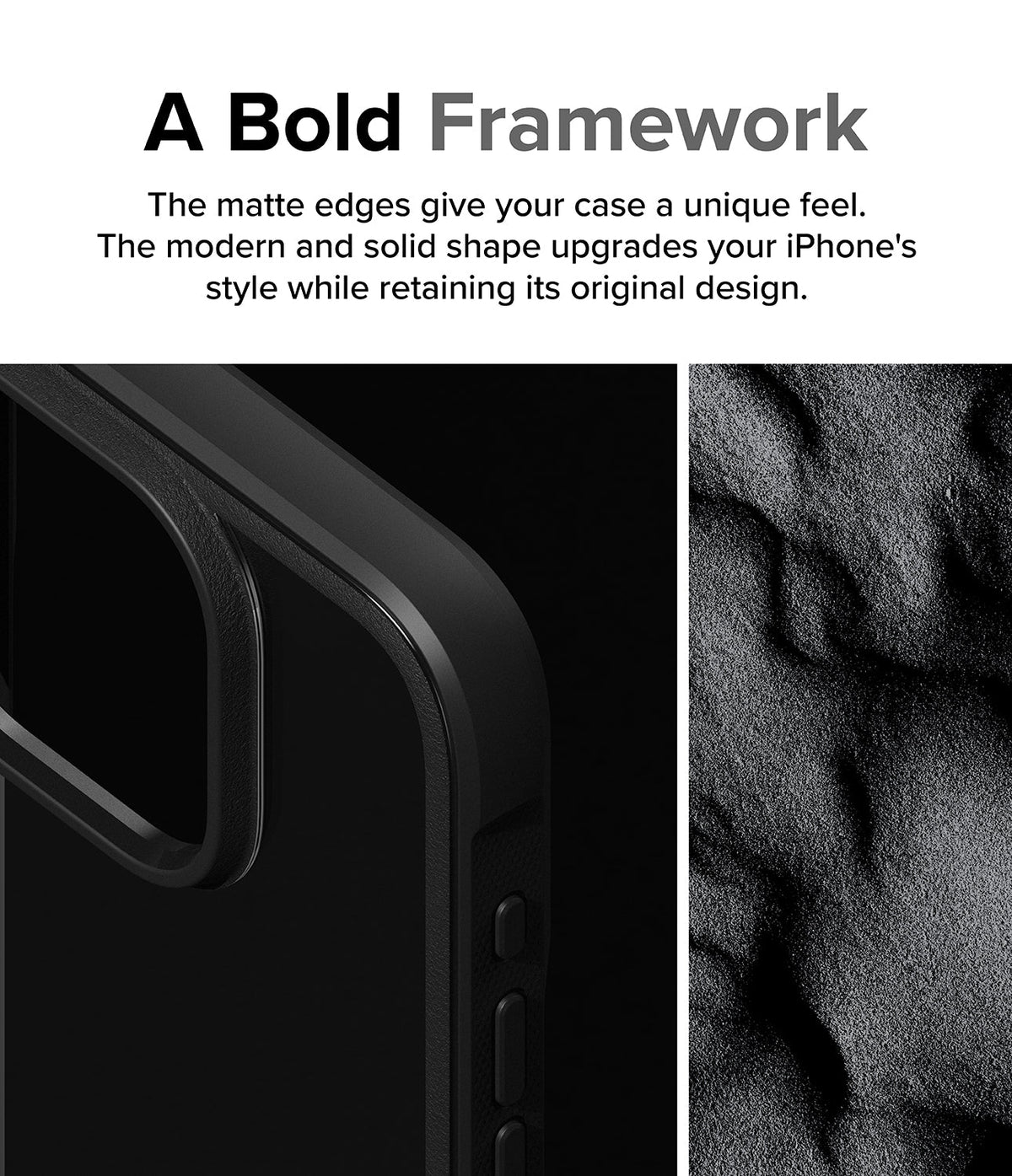 iPhone 15 Pro Max Case | Fusion Bold - Close-up of a matte black phone case edge next to a textured, sand-like surface.