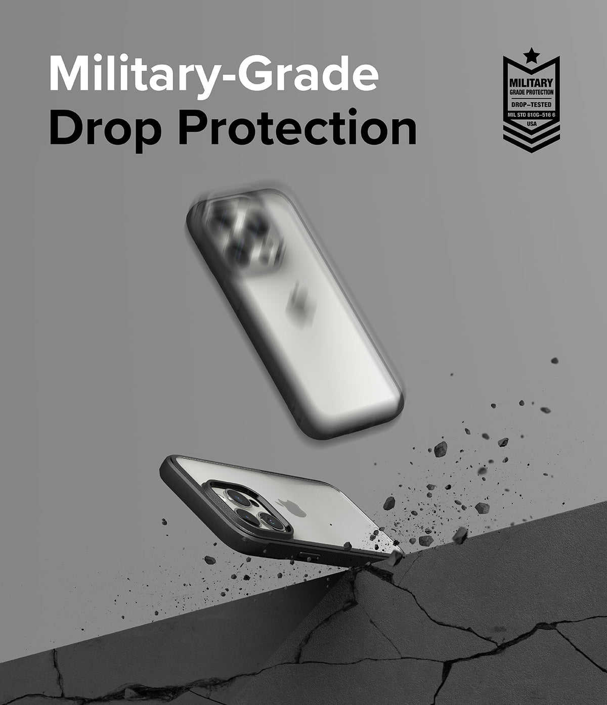 iPhone 15 Pro Max Case | Fusion Bold - iPhone 15 Pro Max in a black case hitting a concrete surface with debris, showing military-grade drop protection.