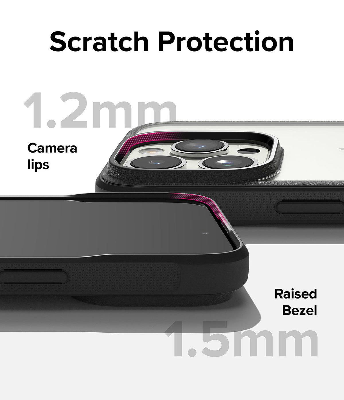 iPhone 15 Pro Max Case | Fusion Bold - Close-up showing 1.2mm camera lips and 1.5mm raised screen bezel for scratch protection.