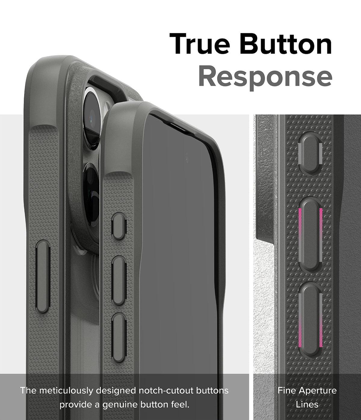 iPhone 15 Pro Max Case | Fusion Bold - Close-up of textured grey phone case buttons with precise cutouts for tactile response.