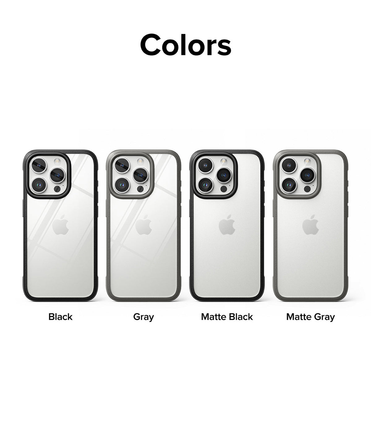 iPhone 15 Pro Max Case | Fusion Bold - Four iPhone cases in Black, Gray, Matte Black, and Matte Gray arranged in a row.