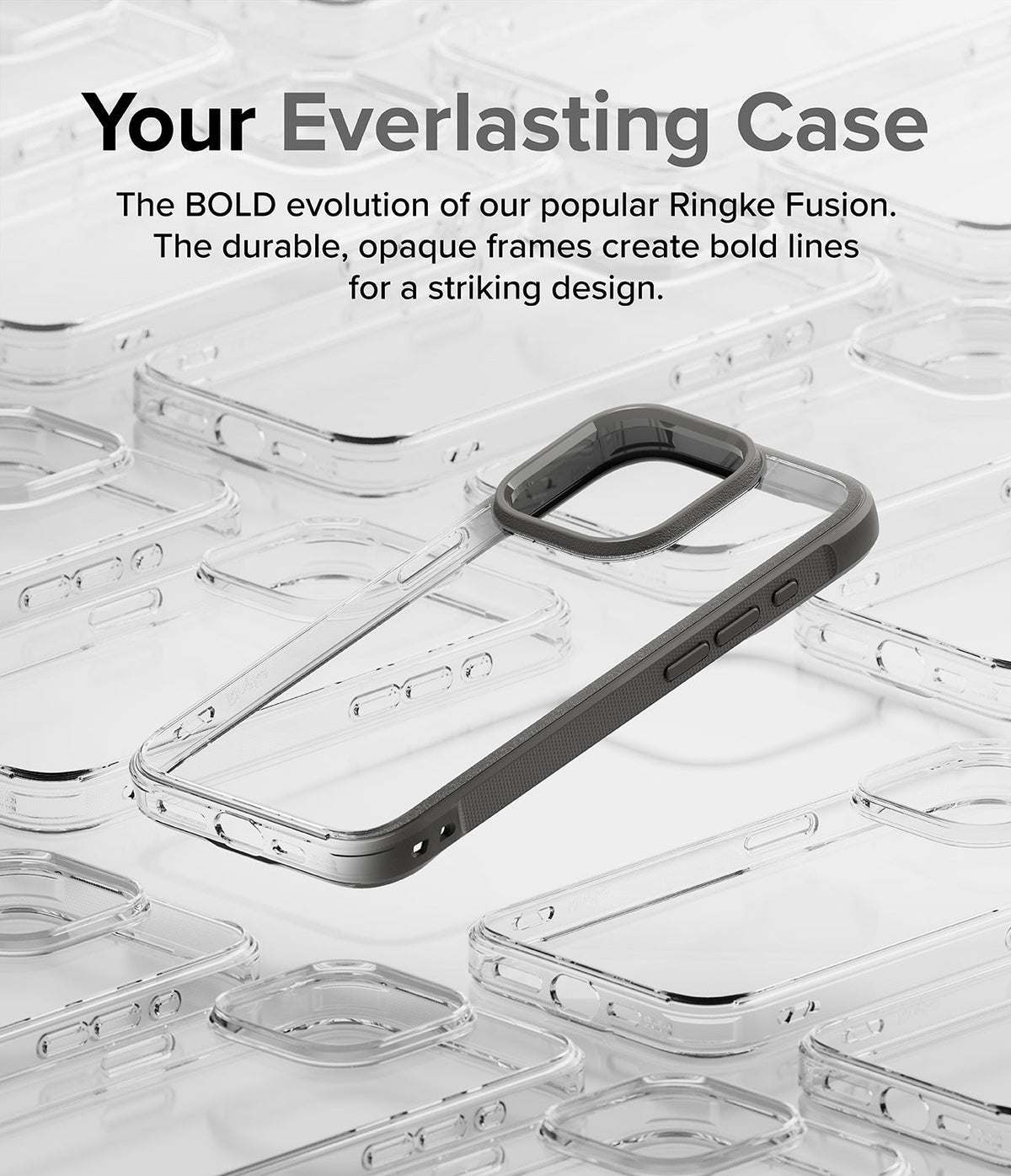iPhone 15 Pro Max Case | Fusion Bold - A gray Fusion Bold phone case centered over a background of clear phone cases.