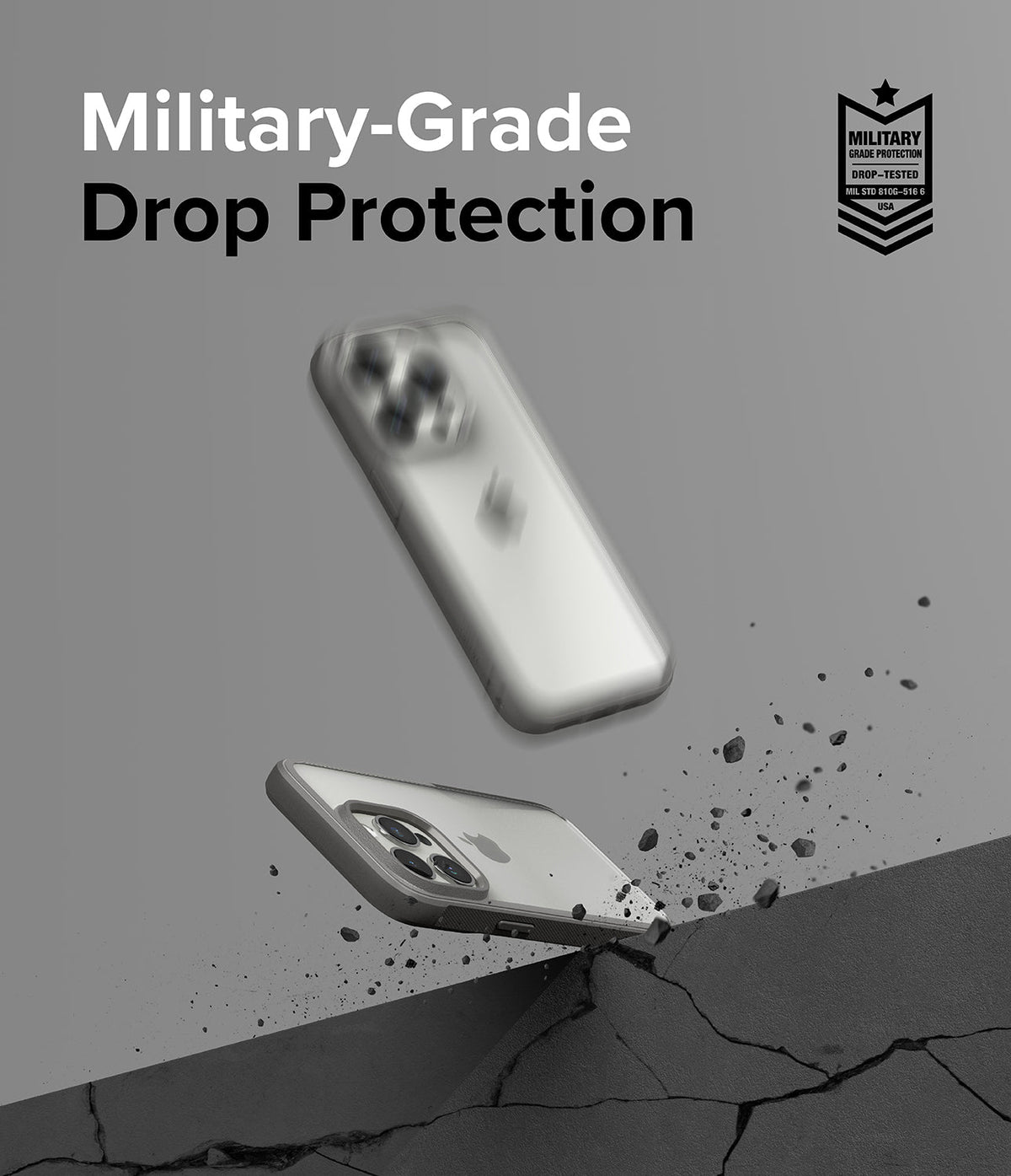 iPhone 15 Pro Max Case | Fusion Bold - Two iPhones in protective cases bouncing off a cracked surface with military-grade text.