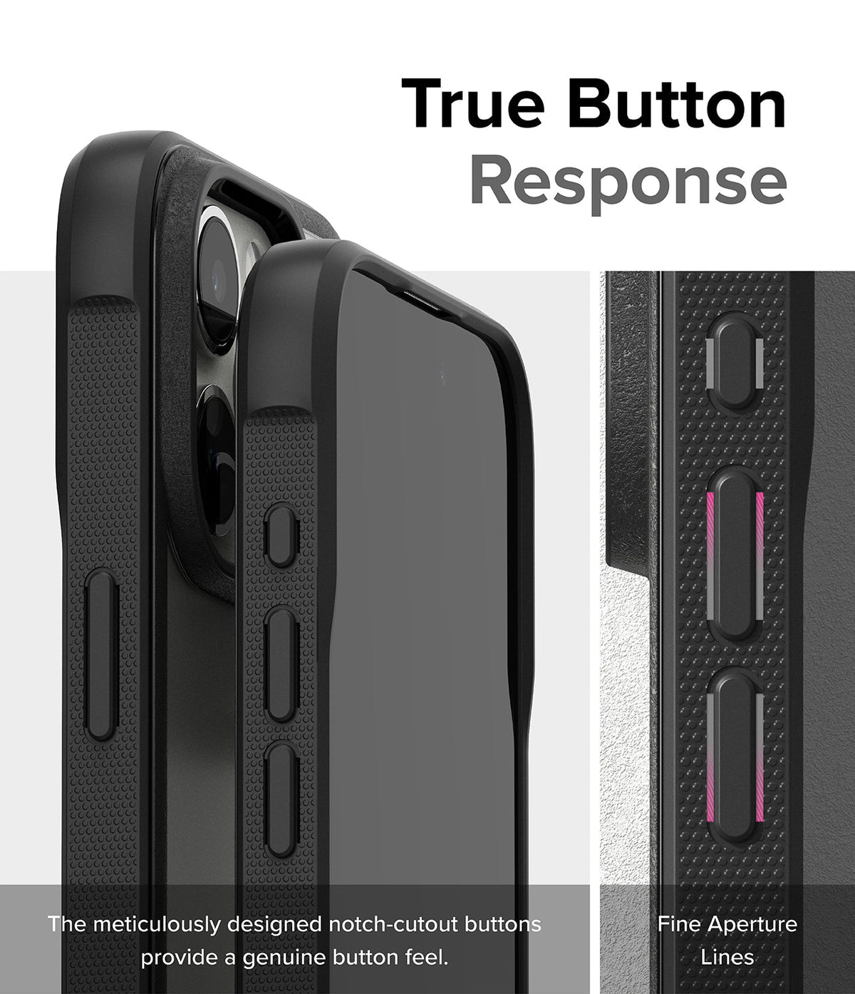 iPhone 15 Pro Max Case | Fusion Bold - Close-up of black phone case buttons with notch-cutout design for tactile response.