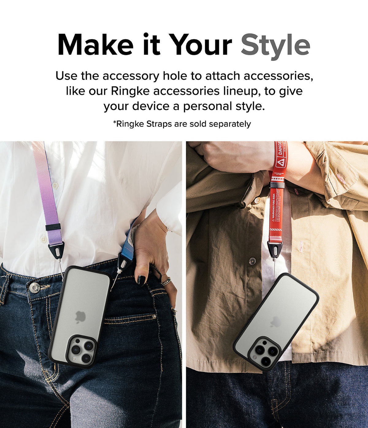 iPhone 15 Pro Max Case | Fusion Bold - Two people wearing iPhone 15 Pro Max phones on colorful lanyards attached to case holes.