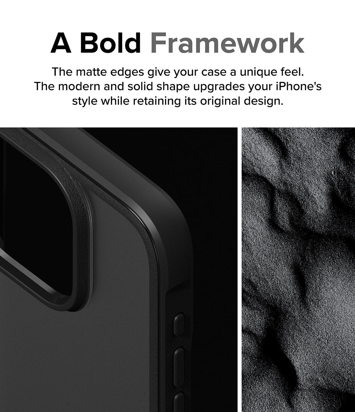 iPhone 15 Pro Max Case | Fusion Bold - Close-up of a matte black phone case edge next to a textured, sand-like surface.