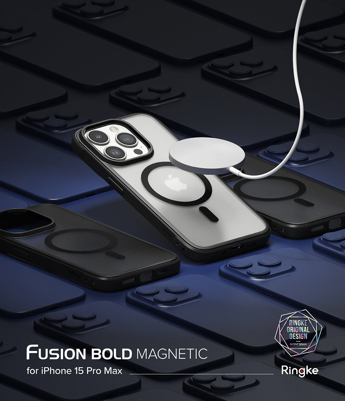 iPhone 15 Pro Max Case | Fusion Bold Magnetic - A clear phone case with a magnetic charger attached on a dark grid.