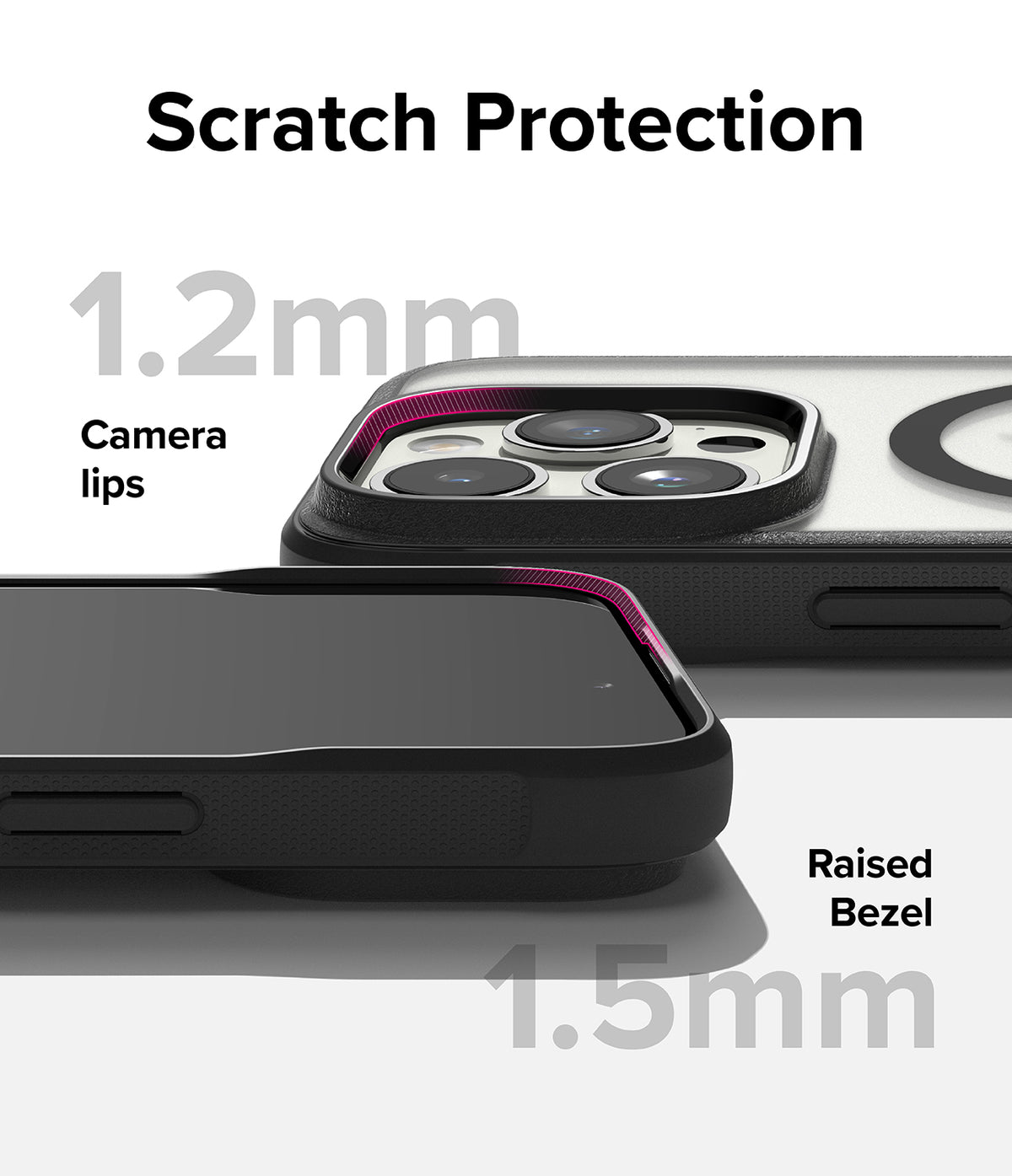 iPhone 15 Pro Max Case | Fusion Bold Magnetic - Close-up showing 1.2mm camera lips and 1.5mm raised screen bezel protection.