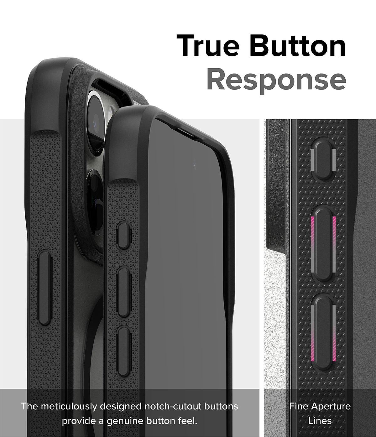 iPhone 15 Pro Max Case | Fusion Bold Magnetic - Close-up of black phone case buttons with precise cutouts.