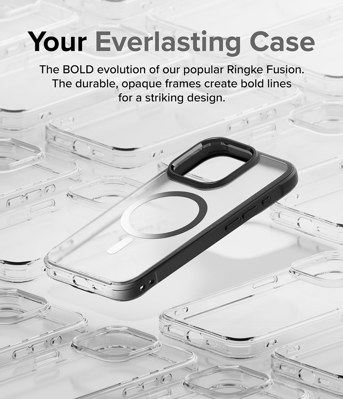 iPhone 15 Pro Max Case | Fusion Bold Magnetic - A clear phone case with a black frame and MagSafe ring on a reflective surface.