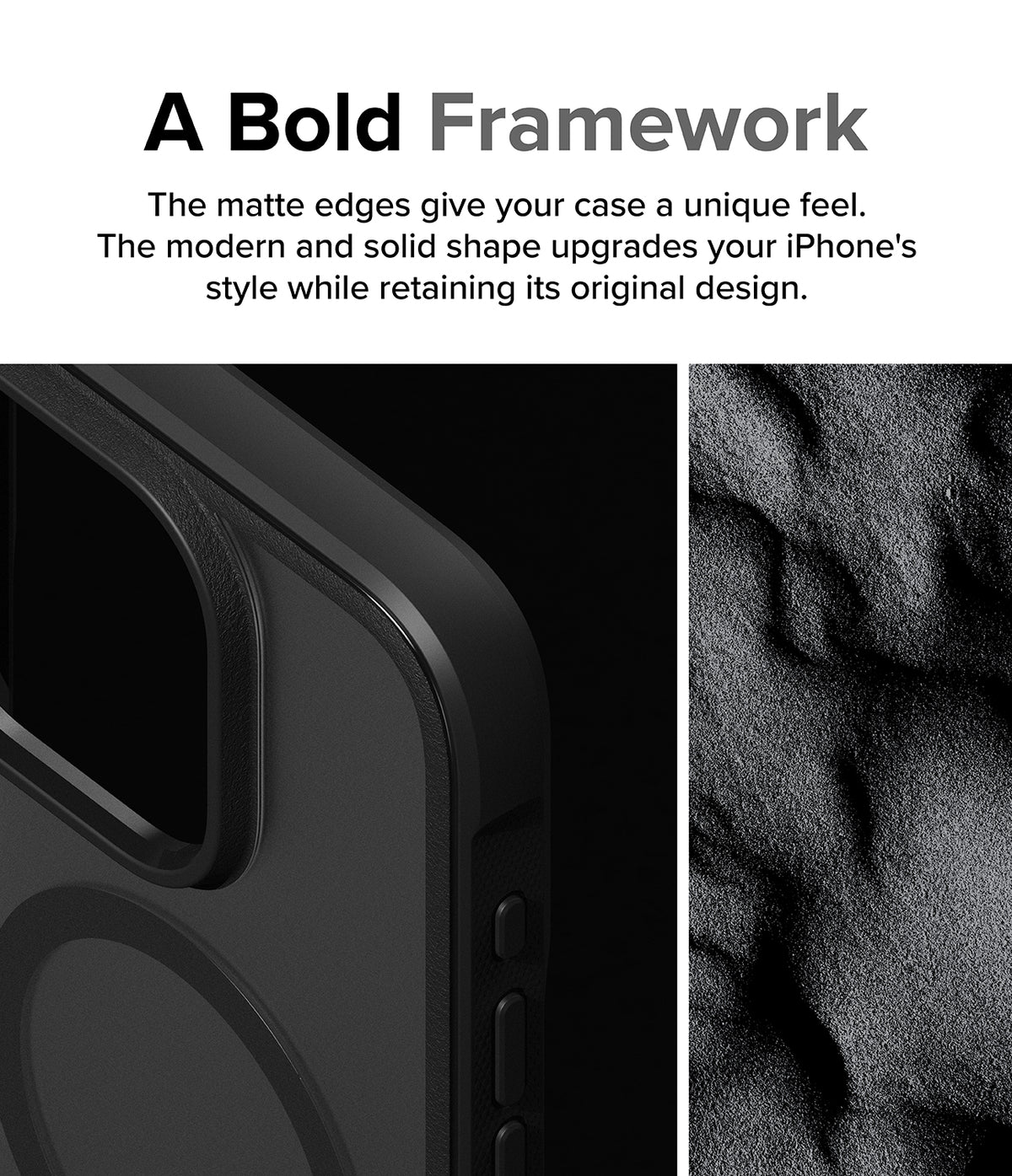 iPhone 15 Pro Max Case | Fusion Bold Magnetic - Close-up of a black phone case with matte edges next to a sand texture.