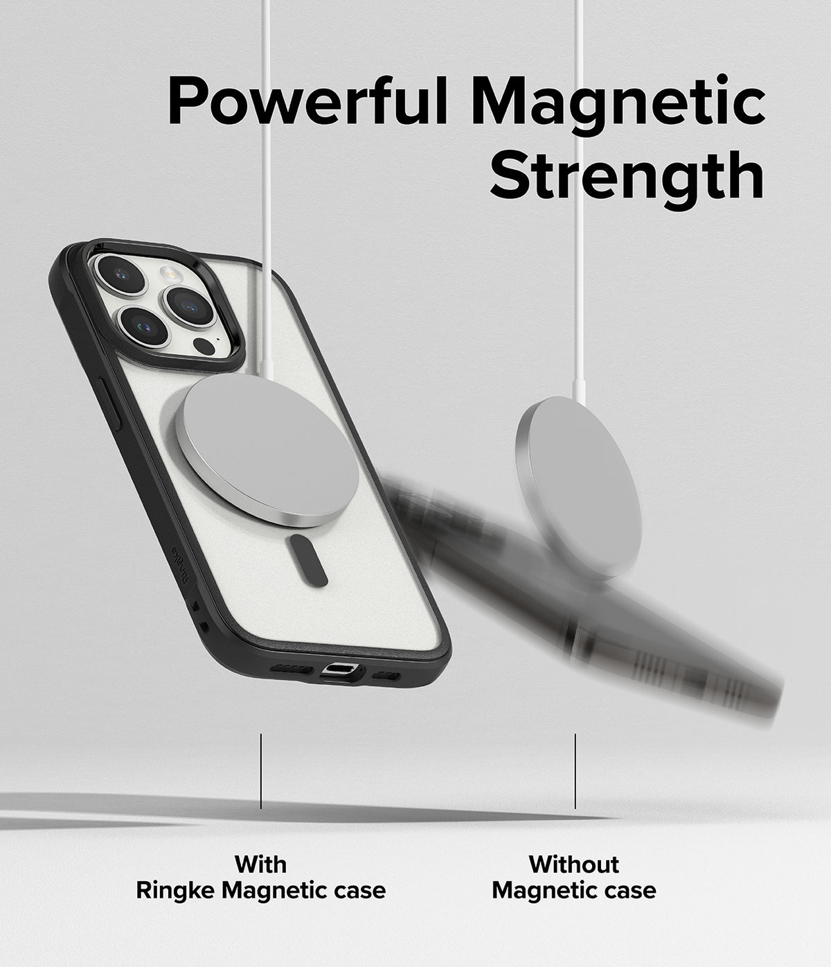 iPhone 15 Pro Max Case | Fusion Bold Magnetic - A magnetic charger holds a cased phone securely while another falls.