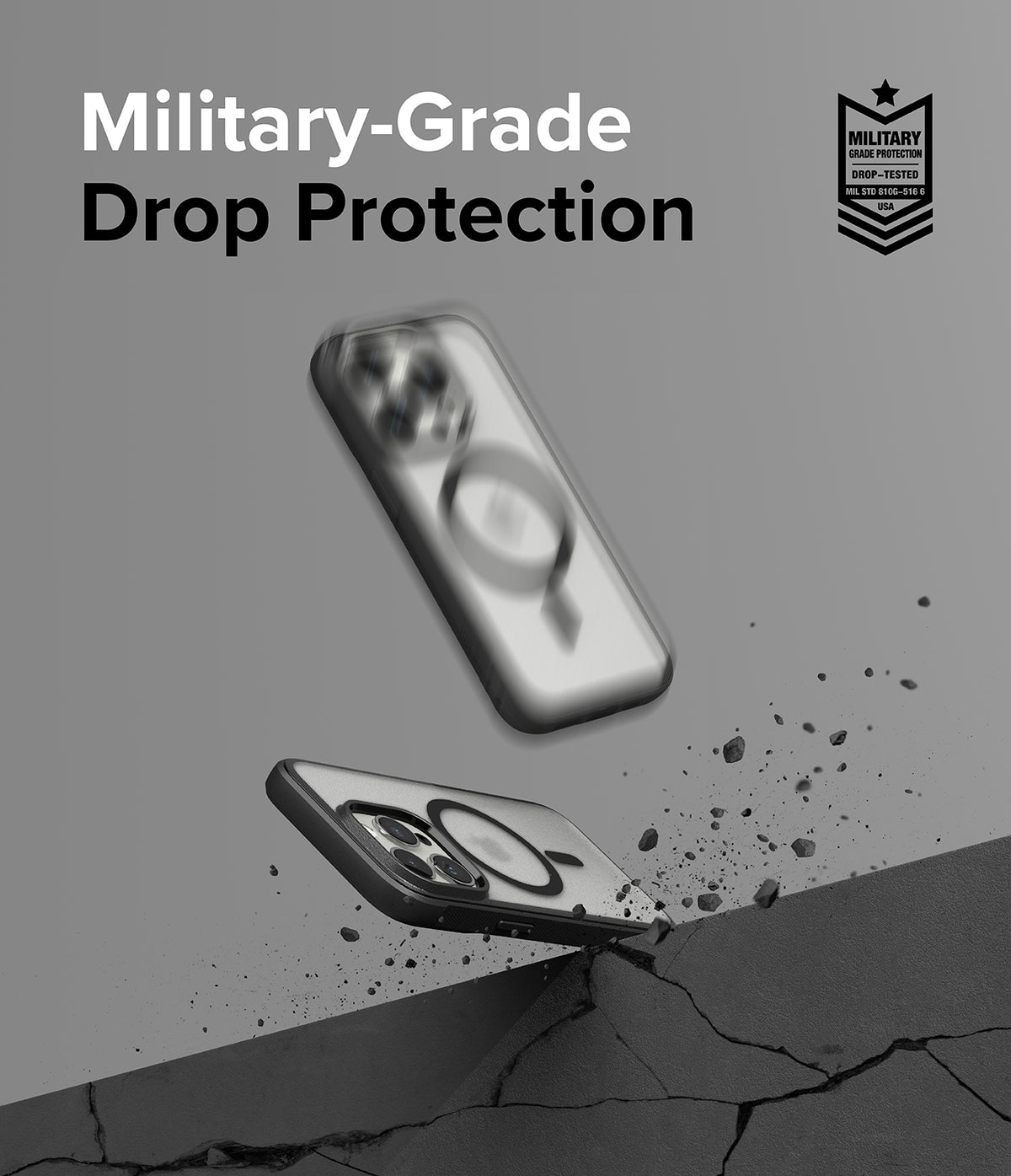 iPhone 15 Pro Max Case | Fusion Bold Magnetic - Two phone cases falling toward a cracked surface with debris.