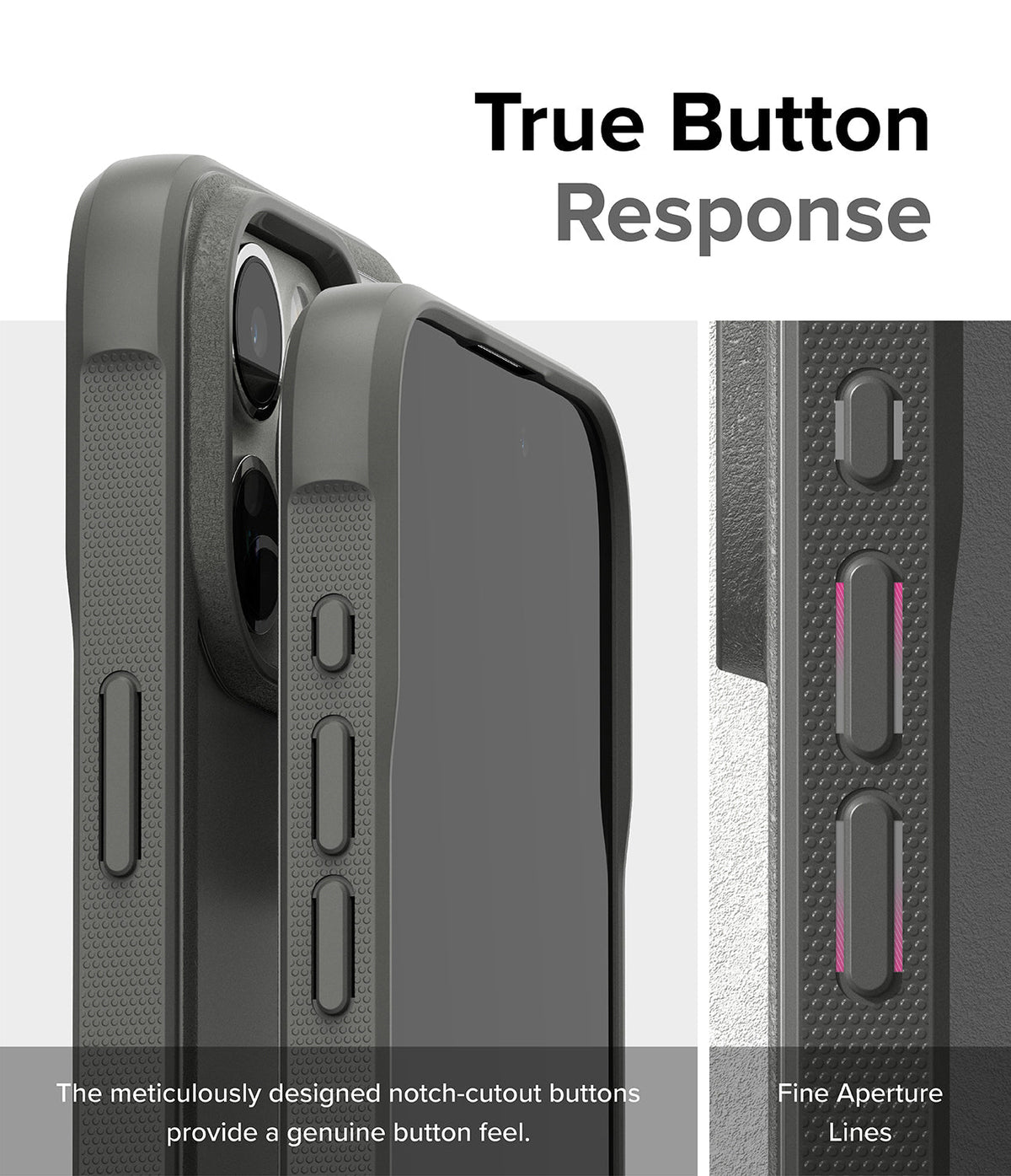 iPhone 15 Pro Max Case | Fusion Bold - Close-up of phone case buttons with notch-cutouts for tactile response.