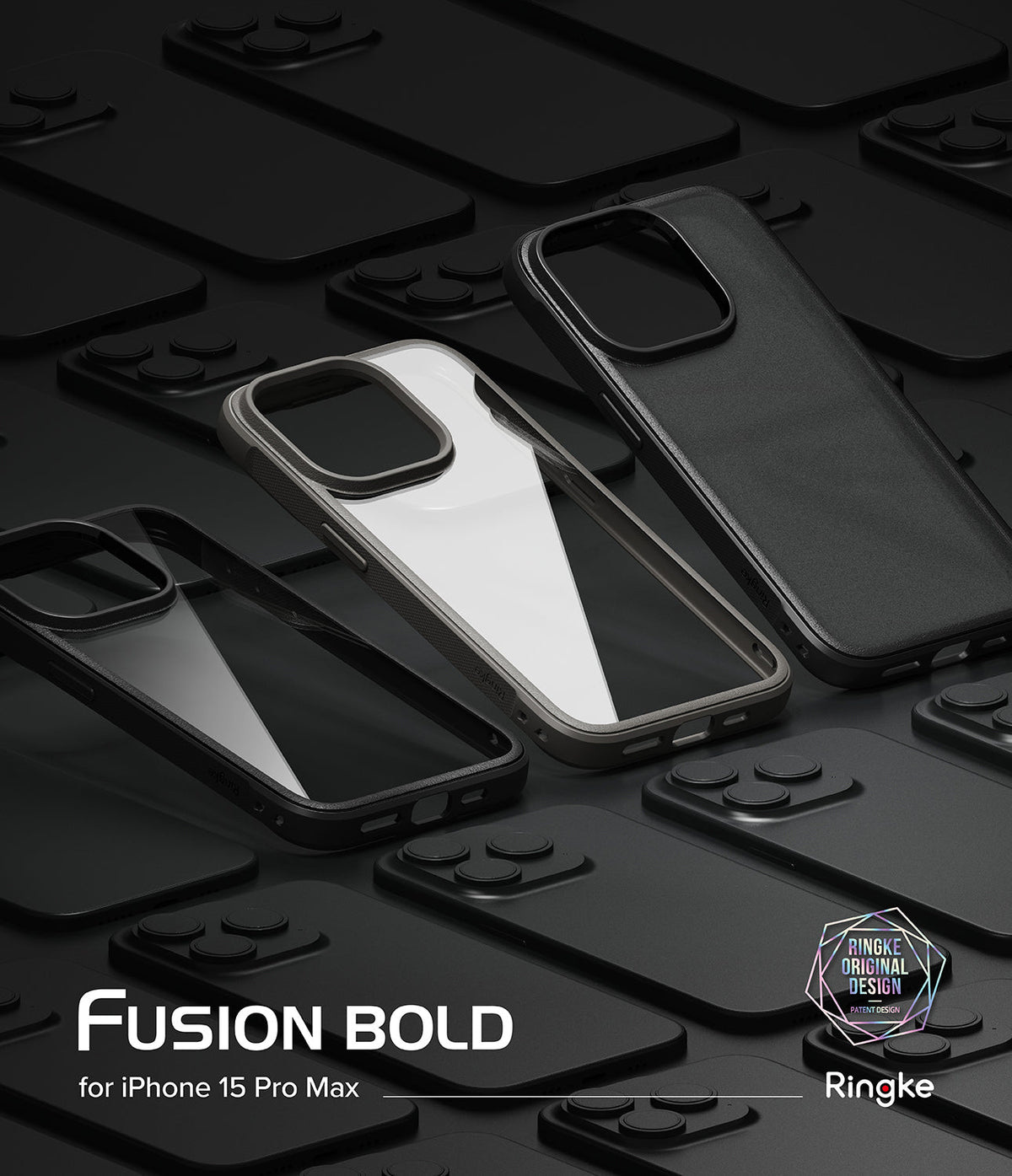 iPhone 15 Pro Max Case | Fusion Bold - Two Fusion Bold cases displayed against a background of matte black phone outlines.
