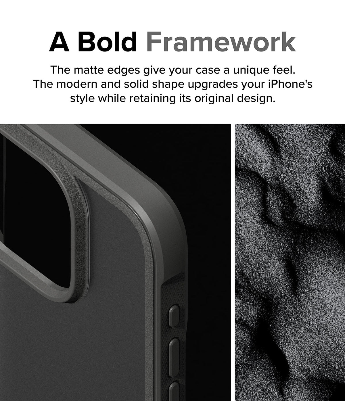 iPhone 15 Pro Max Case | Fusion Bold - Close-up of a matte gray phone case edge next to a textured, sand-like surface.