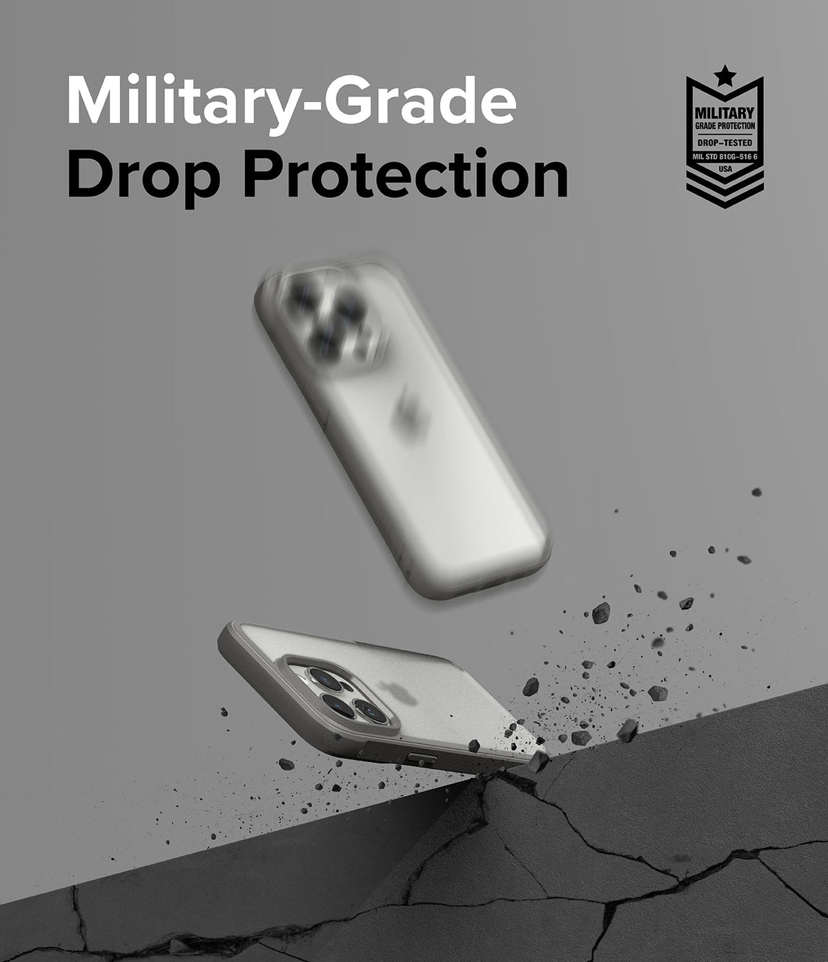 iPhone 15 Pro Max Case | Fusion Bold - iPhone 15 Pro Max in a protective case bouncing off a cracked surface with debris.