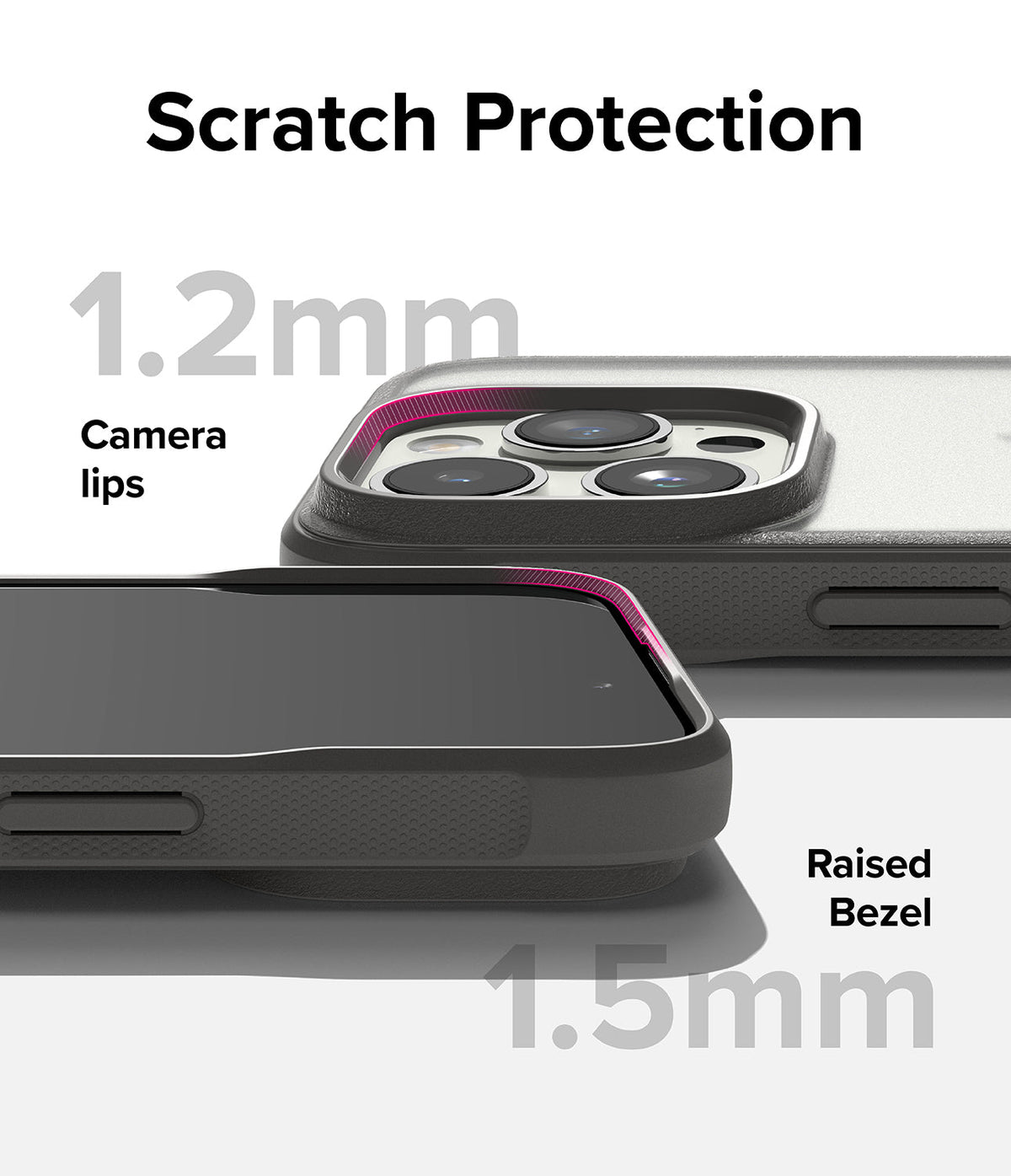 iPhone 15 Pro Max Case | Fusion Bold - Close-up of phone case showing 1.2mm camera lips and 1.5mm raised screen bezel for scratch protection.