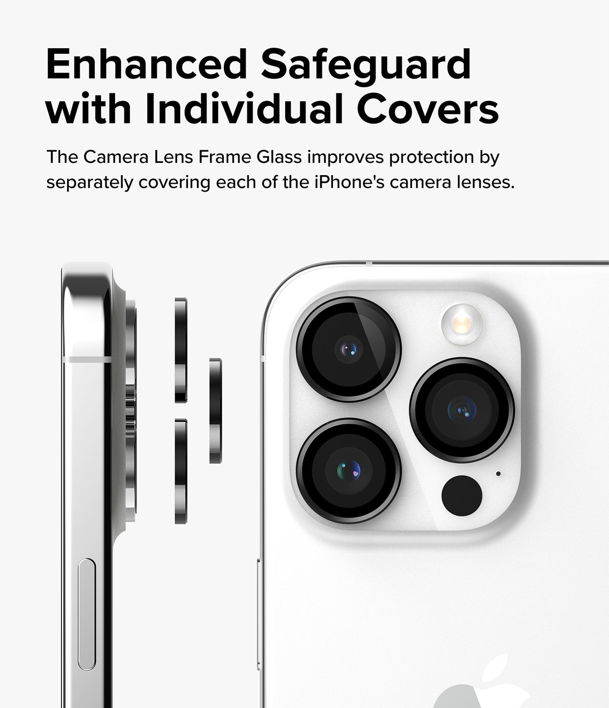iPhone 15 Pro Max | Camera Lens Frame Glass - iPhone 15 Pro Max | Three individual black lens covers floating before an iPhone camera array.